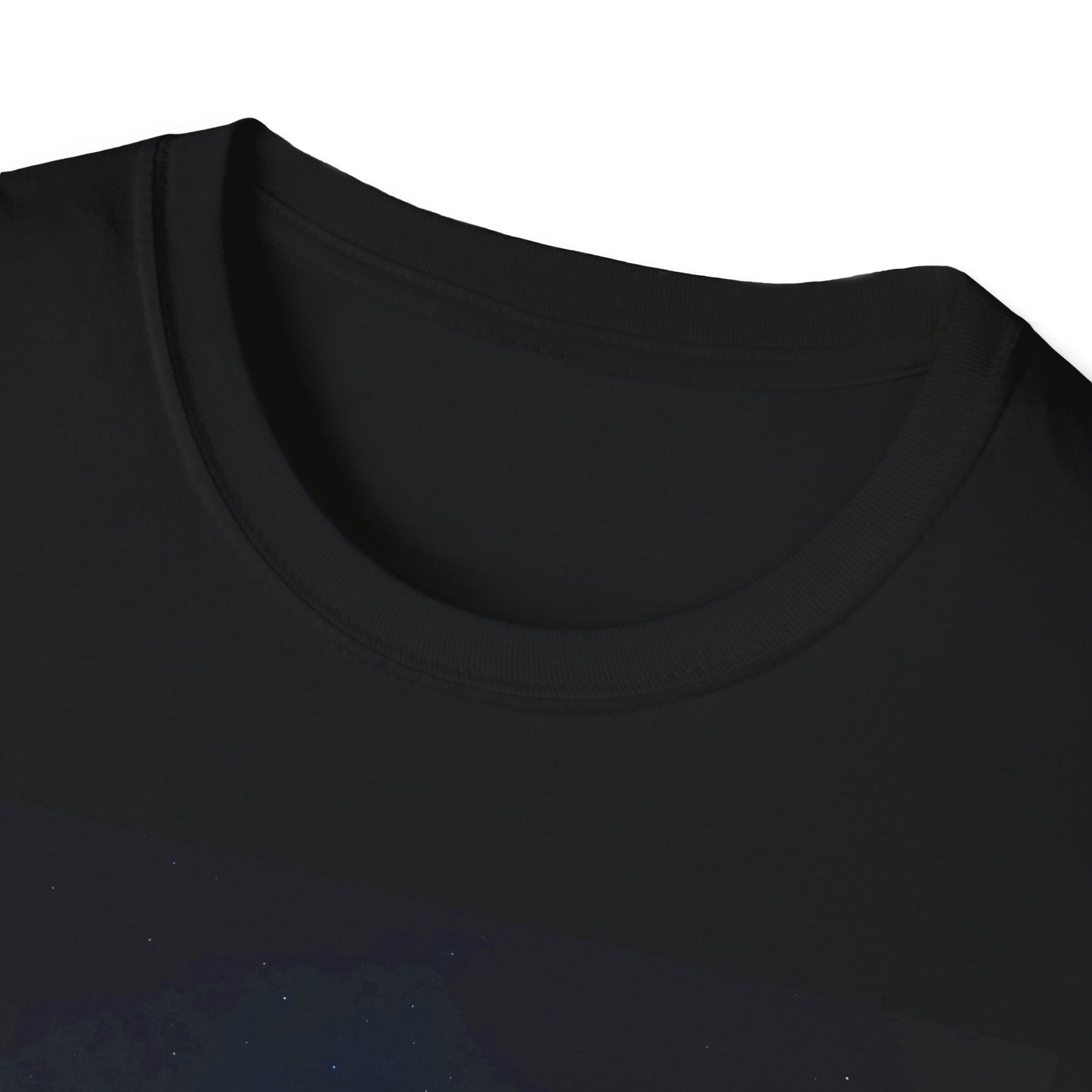 Close-up of a black crew-neck T-shirt showing the ribbed neckline and a dark blue graphic below.