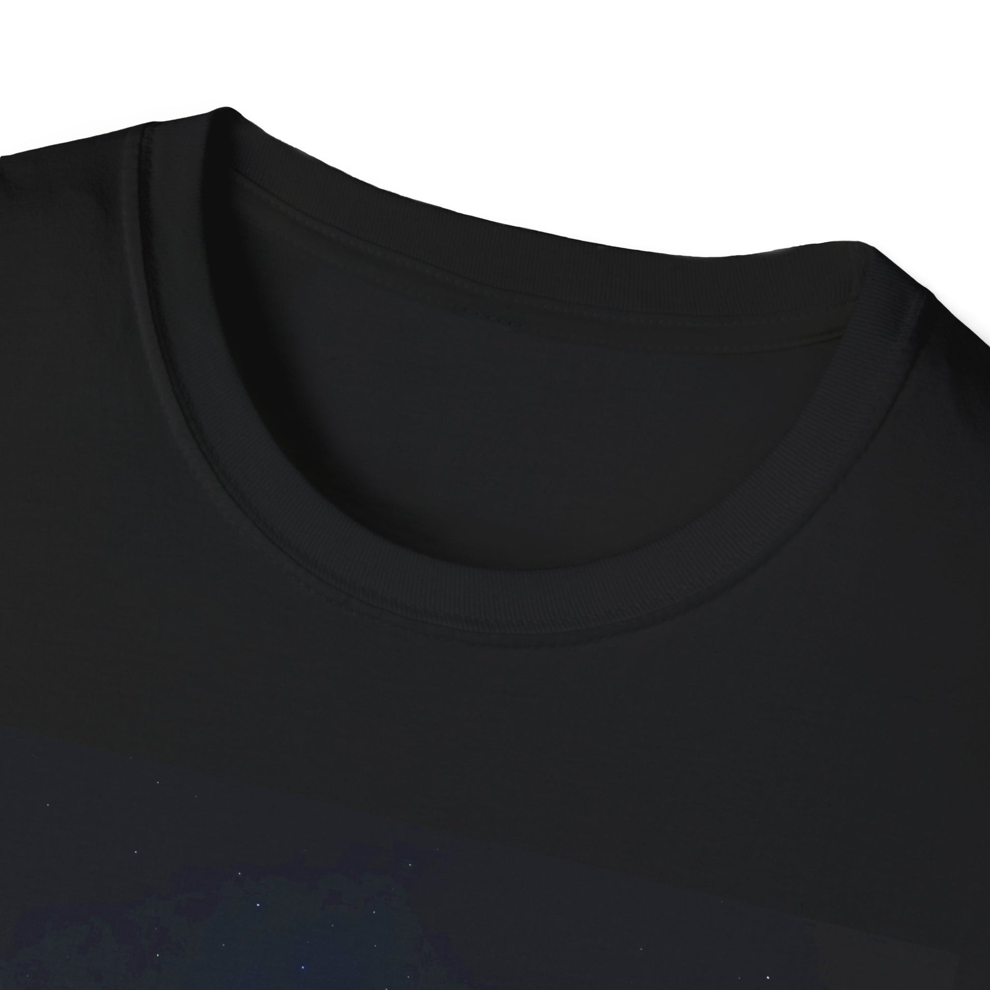 Close-up of a black crew-neck T-shirt showing the ribbed neckline and a dark blue graphic below.