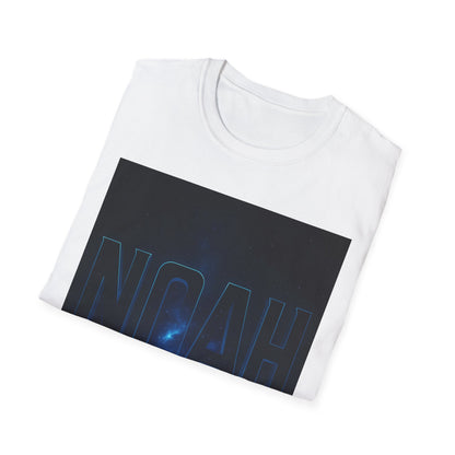 White folded crew-neck T-shirt featuring a dark space-themed rectangle graphic with blue-outlined text "NOAH" along the bottom.