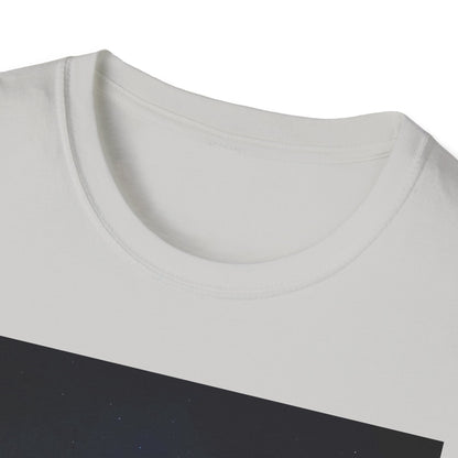 Close-up of a white crew-neck T-shirt with a dark diagonal graphic displaying a starry night scene.