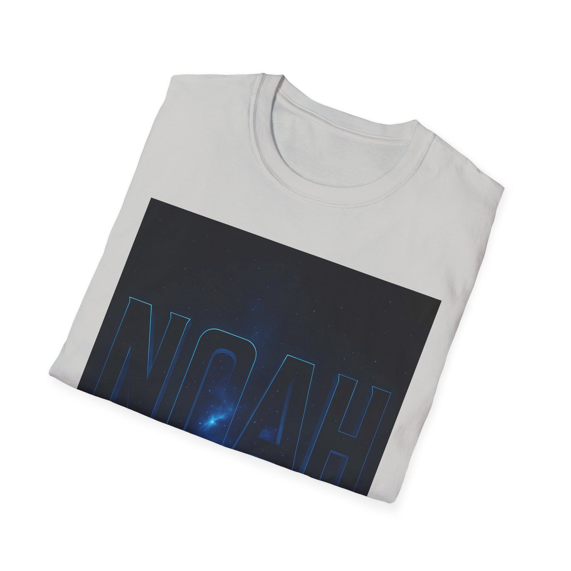 White T-shirt folded with a large black rectangular space-themed graphic featuring blue-outlined 'NOAH' letters.