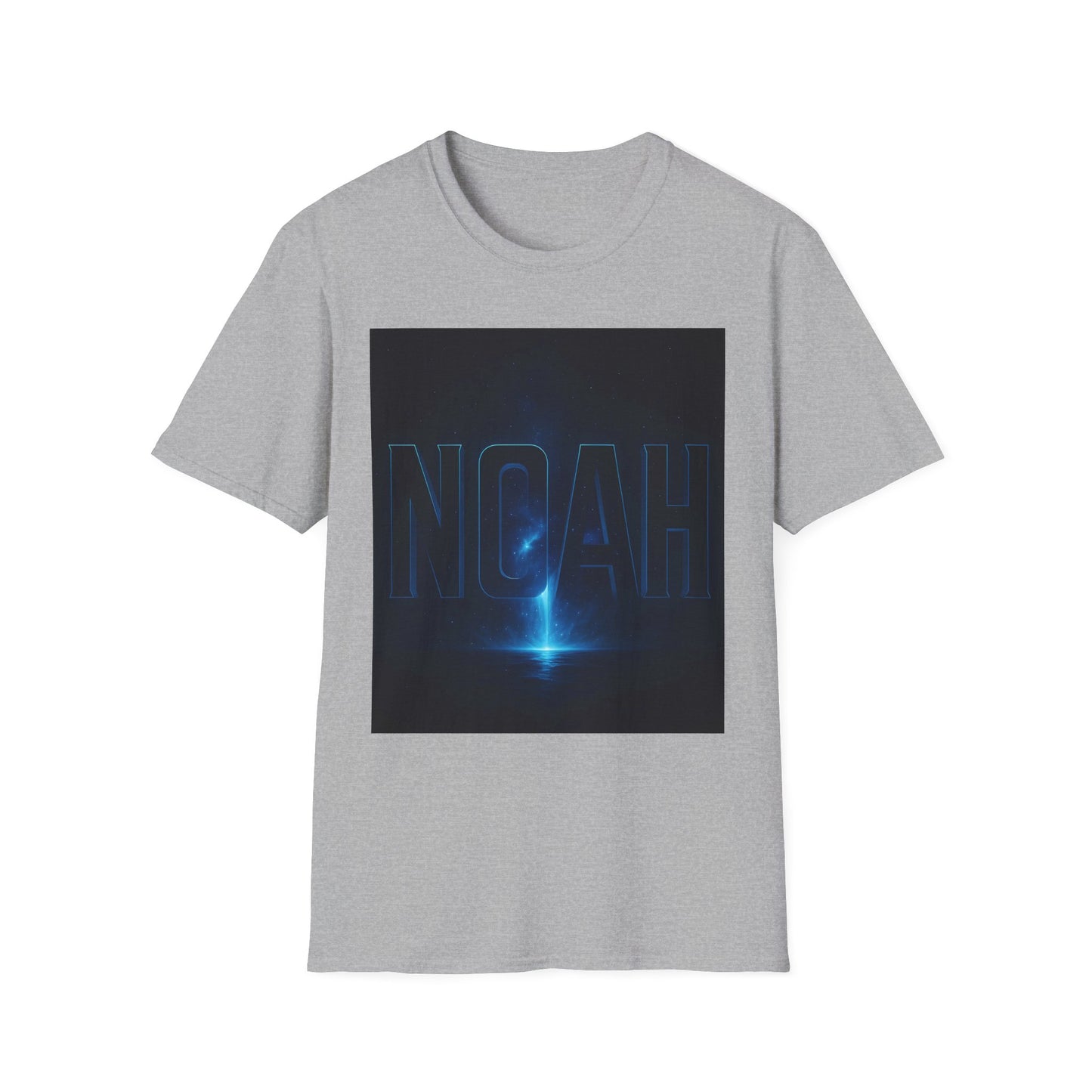 Gray short-sleeve T-shirt featuring a dark square graphic with blue neon "NOAH" text and a bright blue beam at the center.