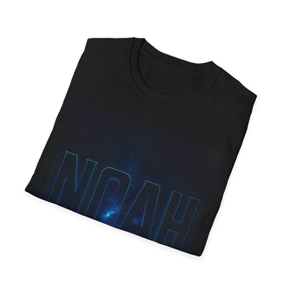 Black short-sleeve T-shirt with a blue galactic panel across the lower front and outlined "NOAH" lettering.