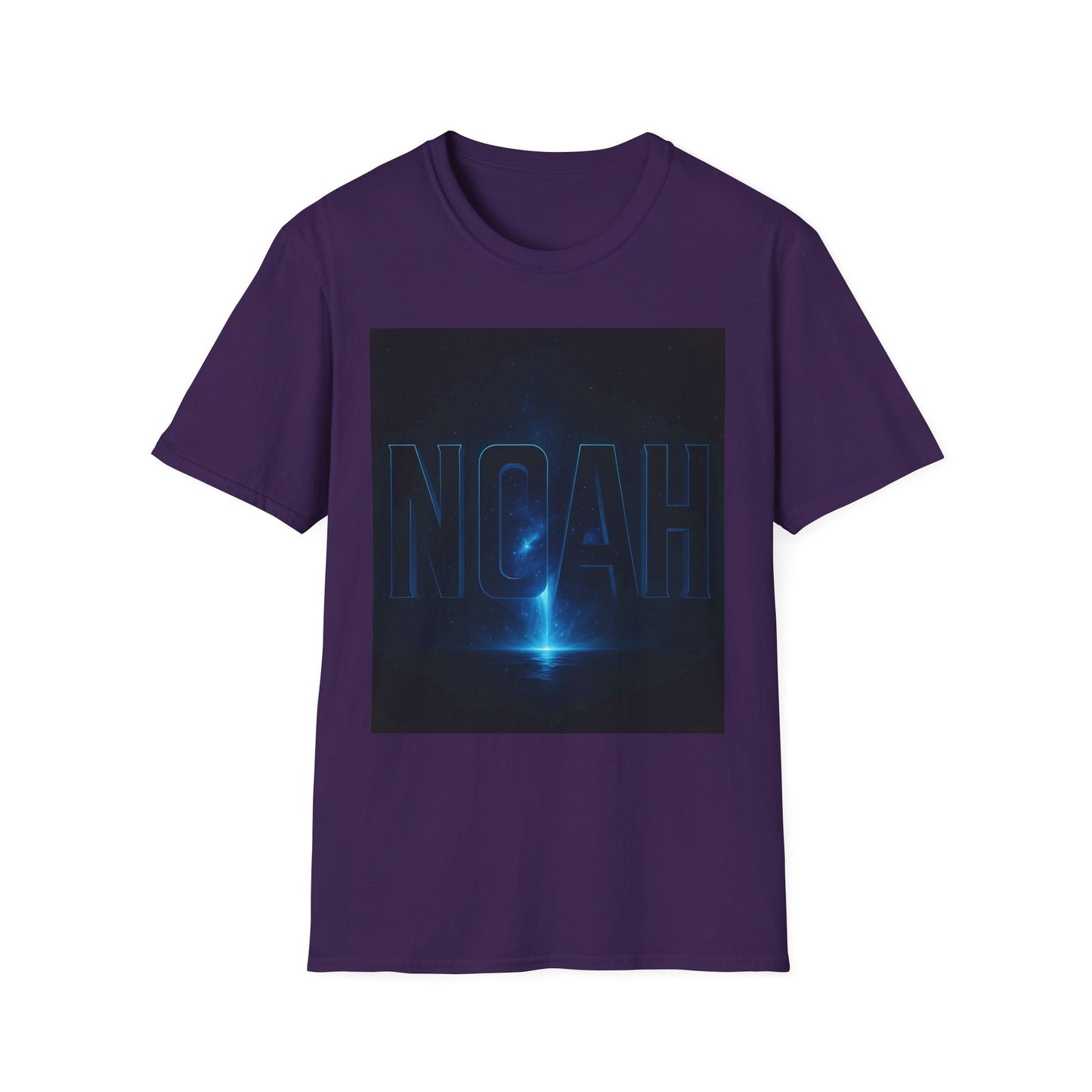 Purple short-sleeve T-shirt featuring a dark square space graphic with blue neon NOAH text.