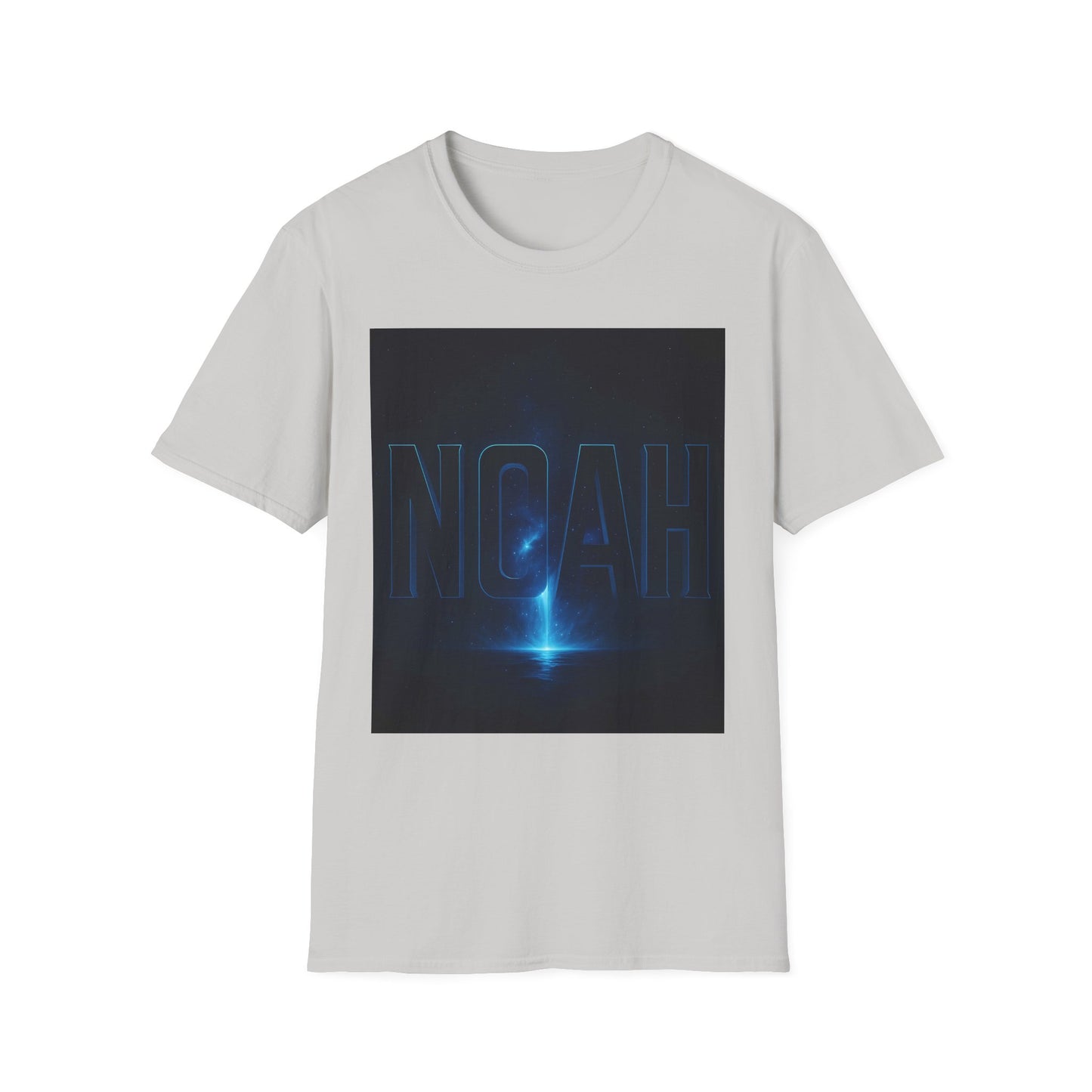 Light gray short-sleeve T-shirt with a square graphic showing bold blue neon 'NOAH' over a starry space scene.