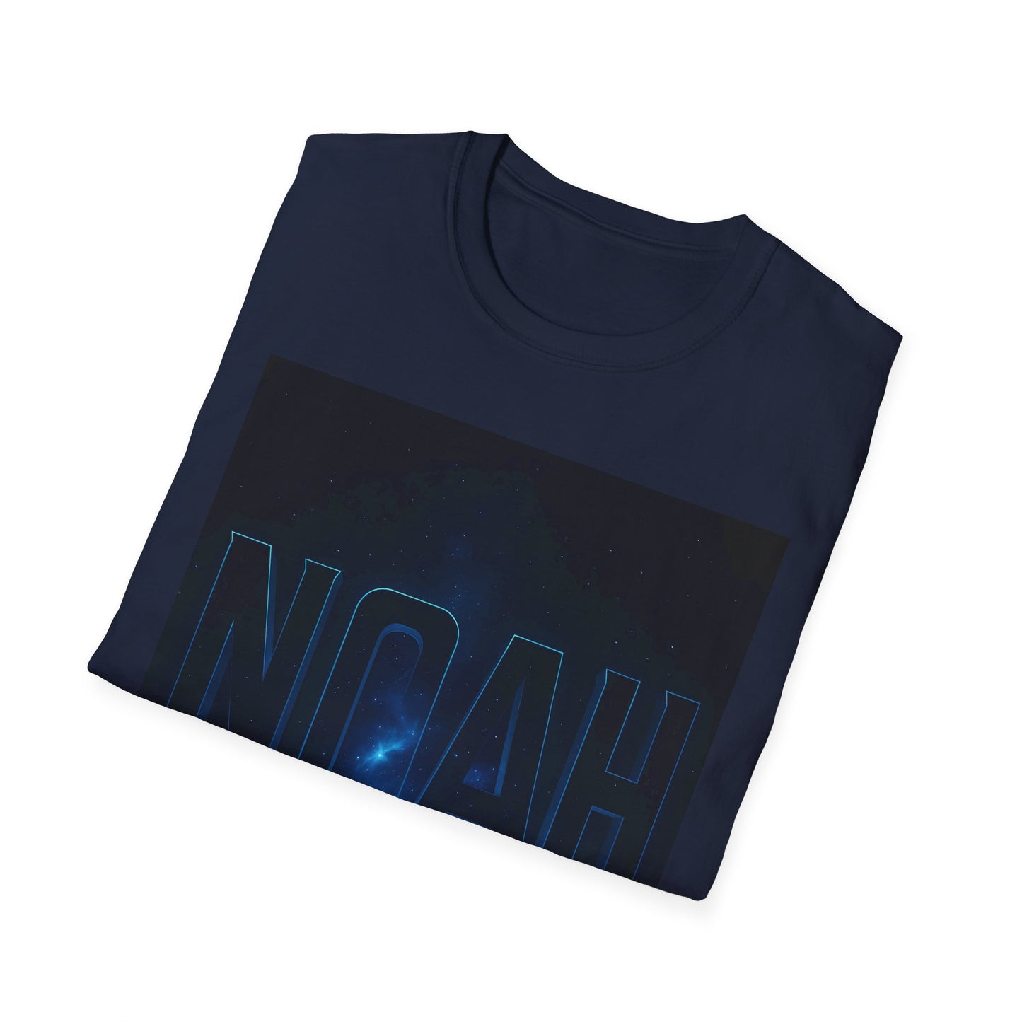 Navy blue t-shirt featuring a rectangular space-galaxy graphic with large blue outlined letters along the bottom.