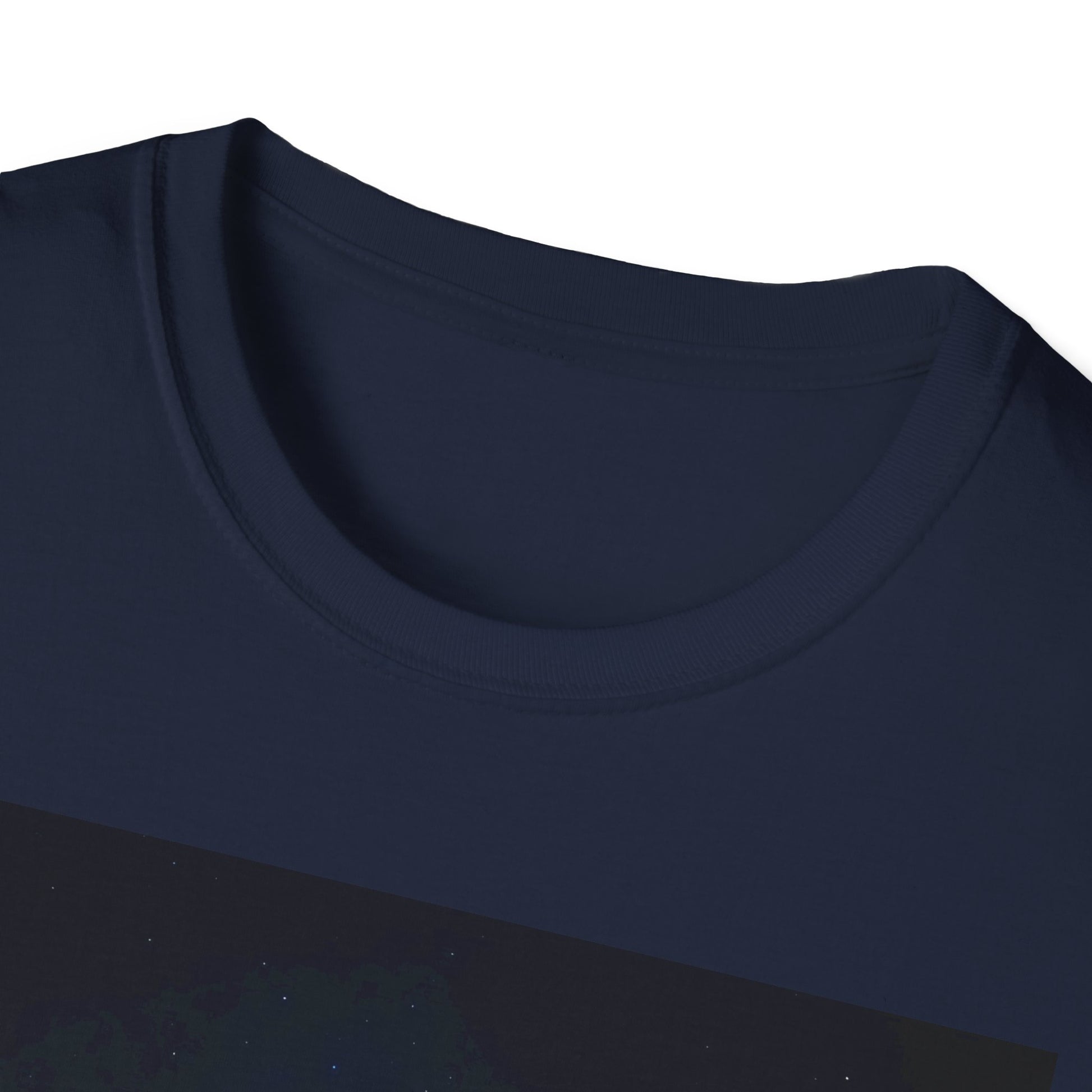 Close-up of a dark navy blue crew-neck T-shirt neckline, showing a ribbed collar and stitching.