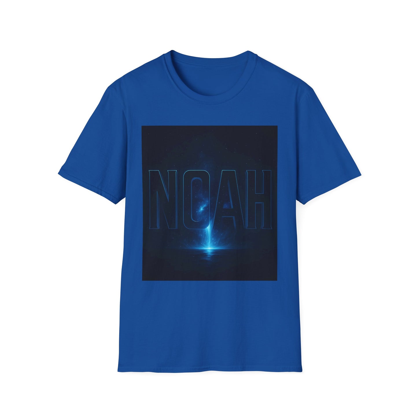 Blue short-sleeve t-shirt featuring a dark square graphic with the outlined word NOAH and a blue light beam over a space scene.