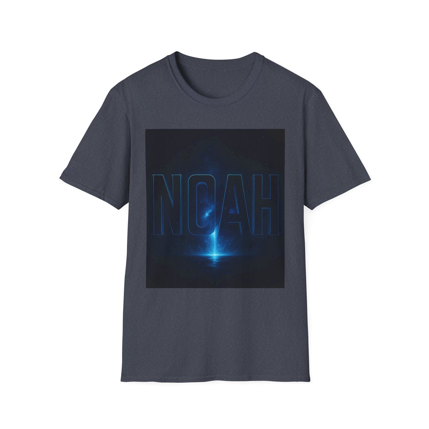 Dark heather gray T-shirt featuring a square blue space graphic with a neon-outlined NOAH text.