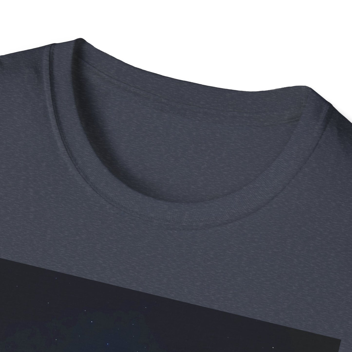 Close-up of a dark navy heather crew-neck T-shirt collar.