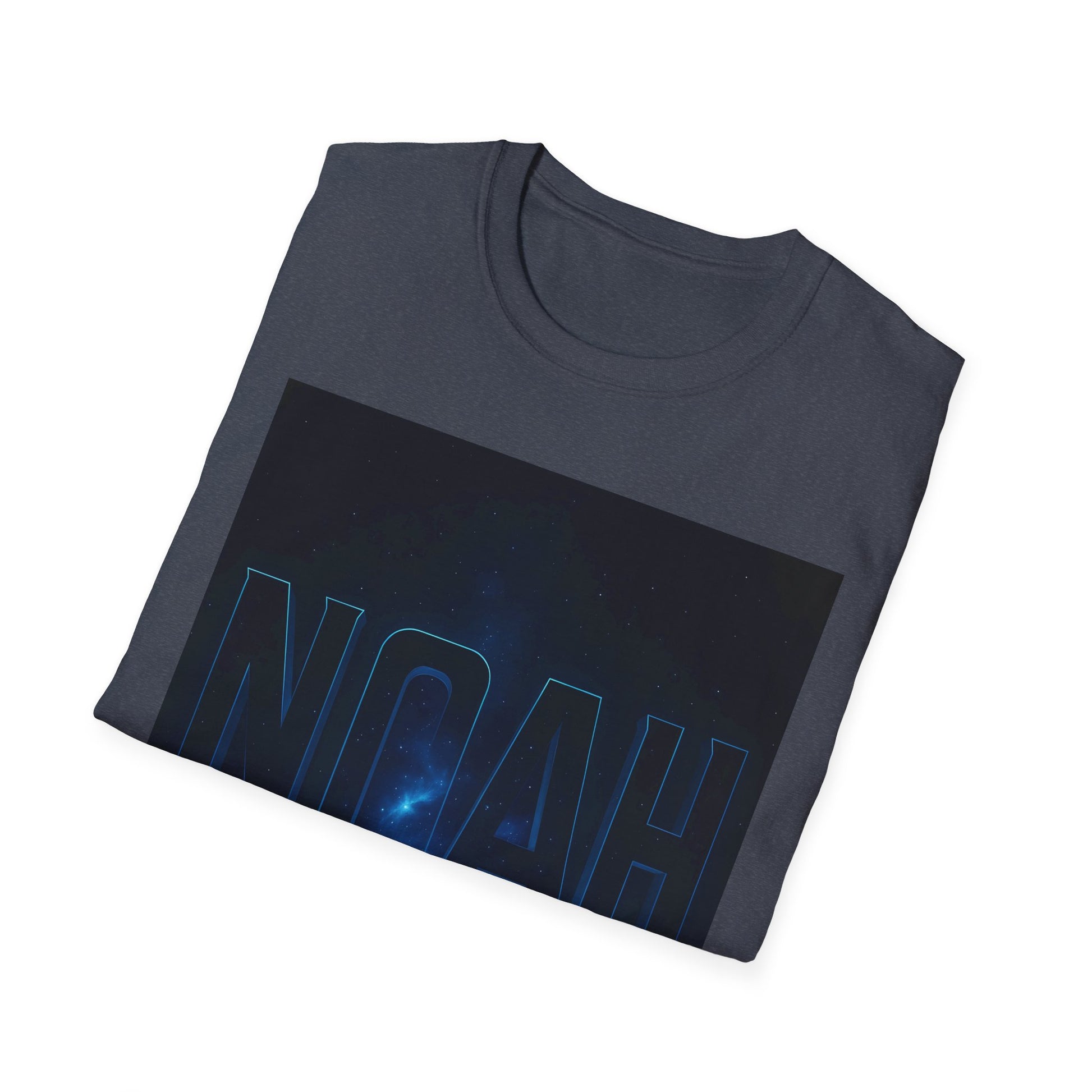 Dark gray crew-neck T-shirt folded, with a large rectangular space graphic showing blue-outlined letters 'NOAH' over a galaxy background.