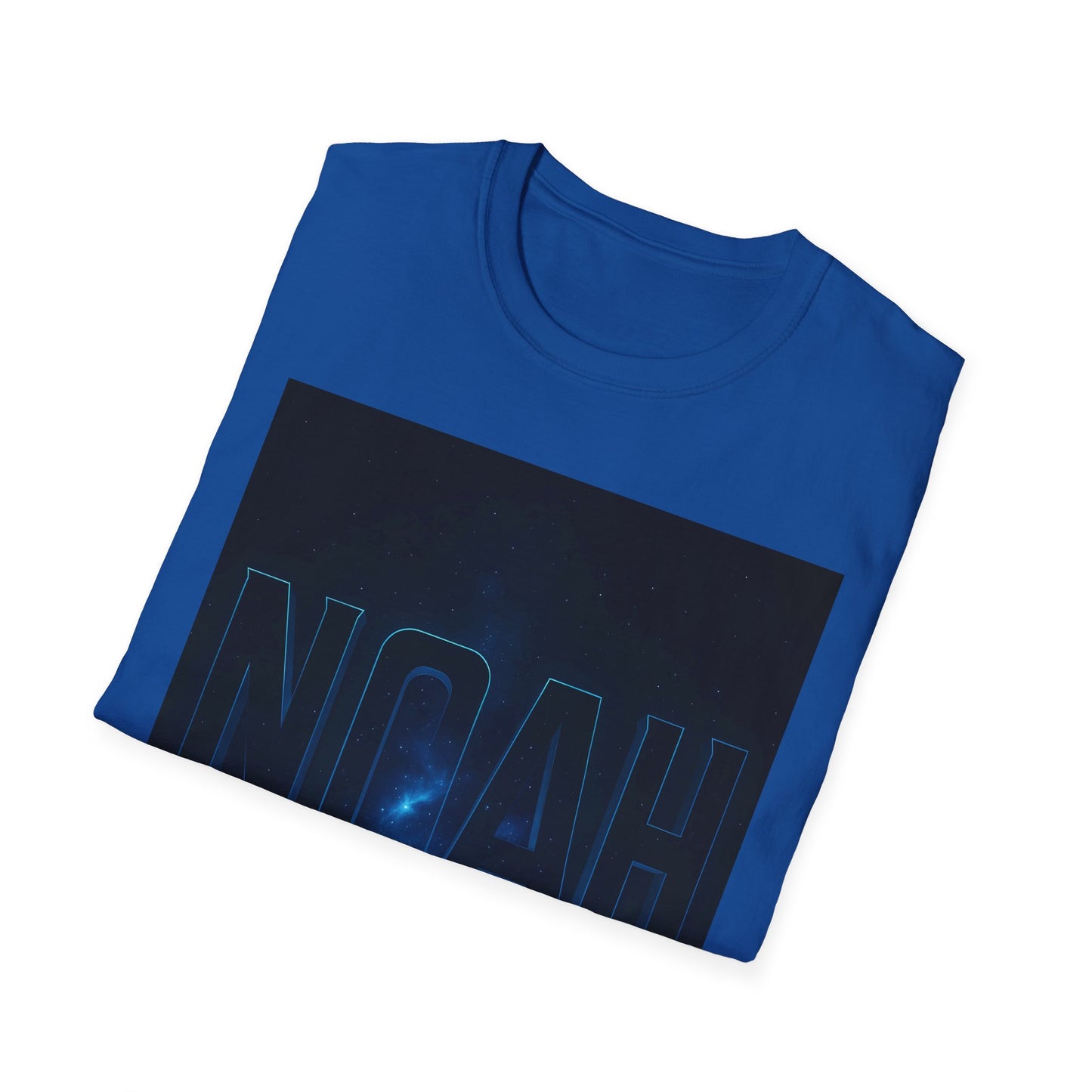 Blue short-sleeve T-shirt featuring a large dark rectangular print with a starry space background and light blue outlined letters NOAH