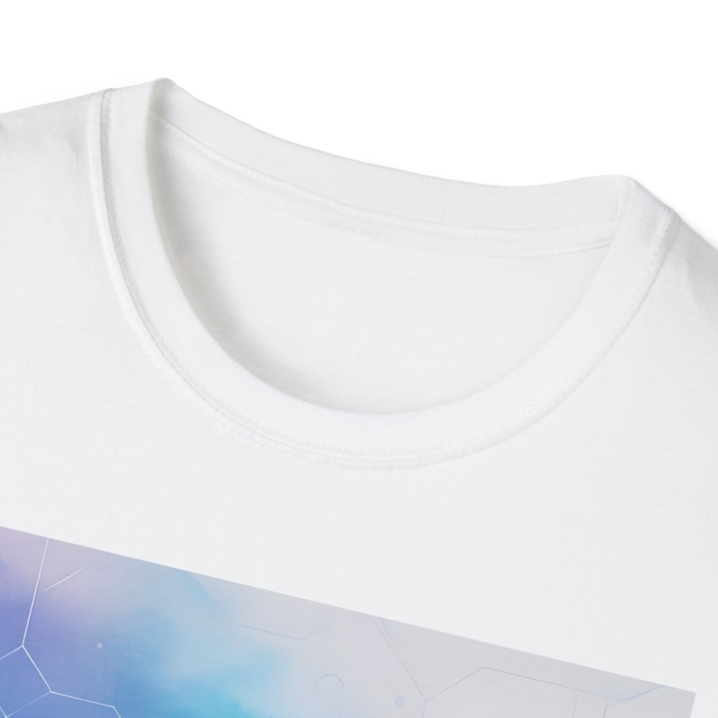 White crewneck t-shirt with a diagonal blue-purple geometric graphic across the lower portion.