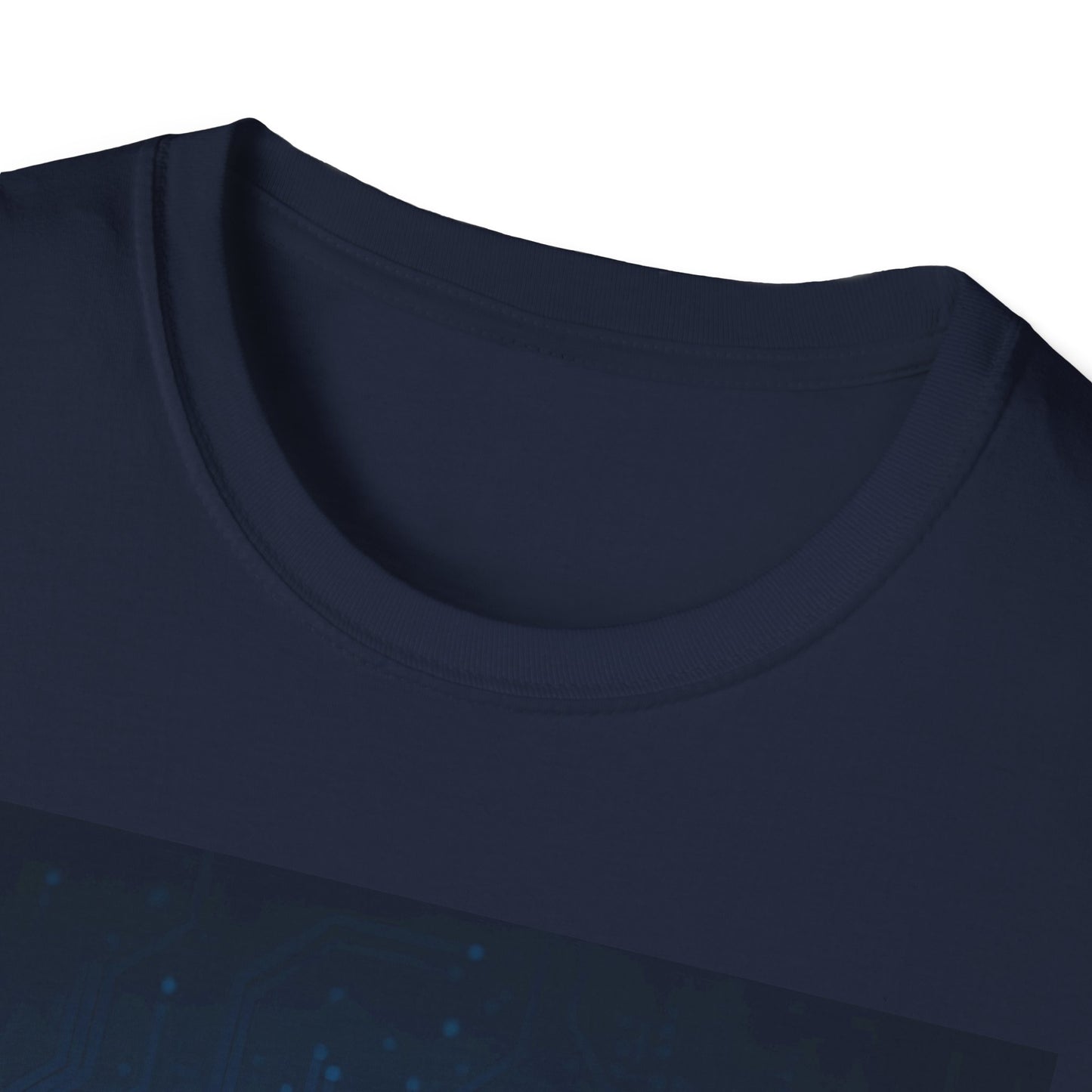 Navy blue crew-neck T-shirt, close-up of the collar and upper chest.