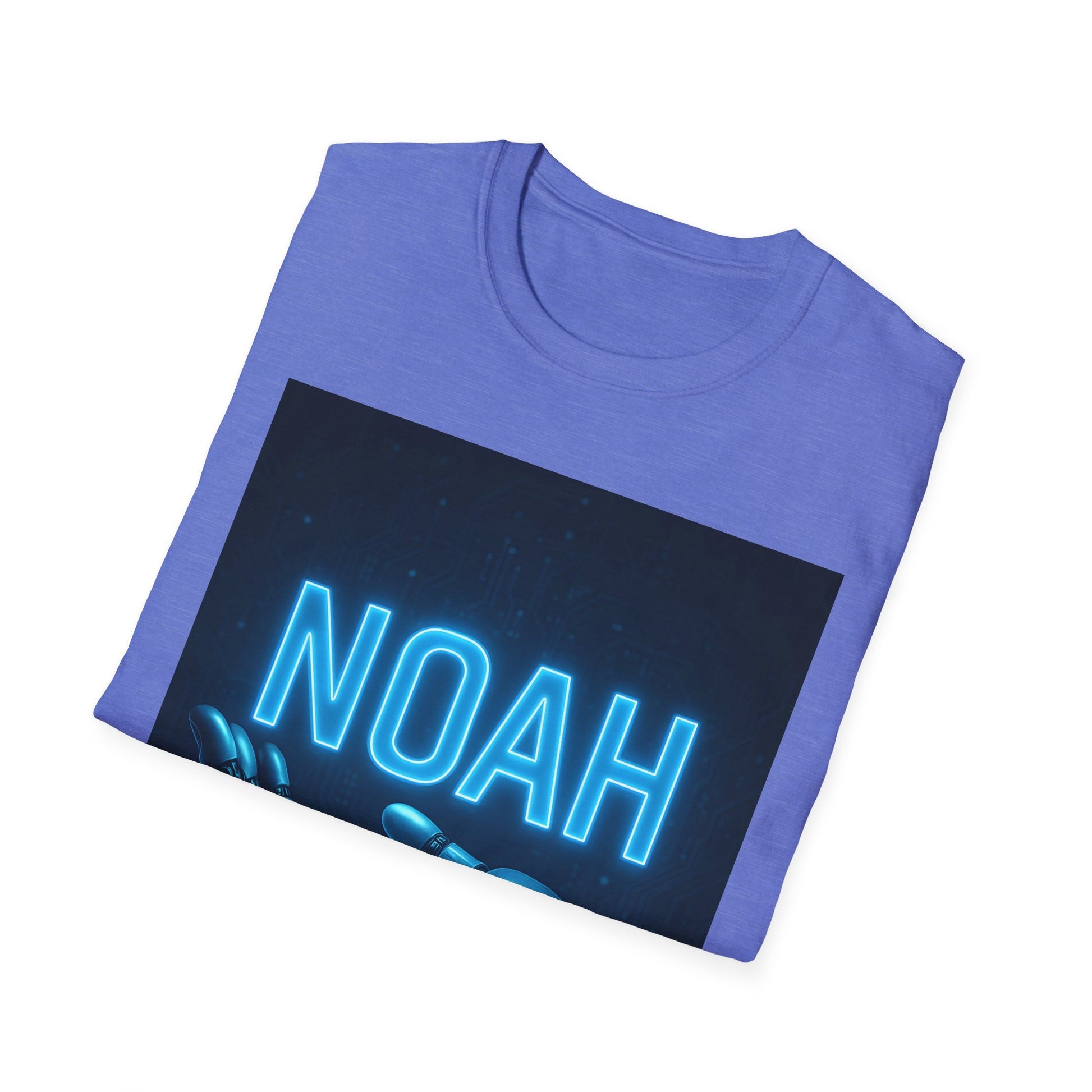 Purple crewneck T-shirt featuring a dark rectangular graphic with a glowing blue "NOAH" text design.