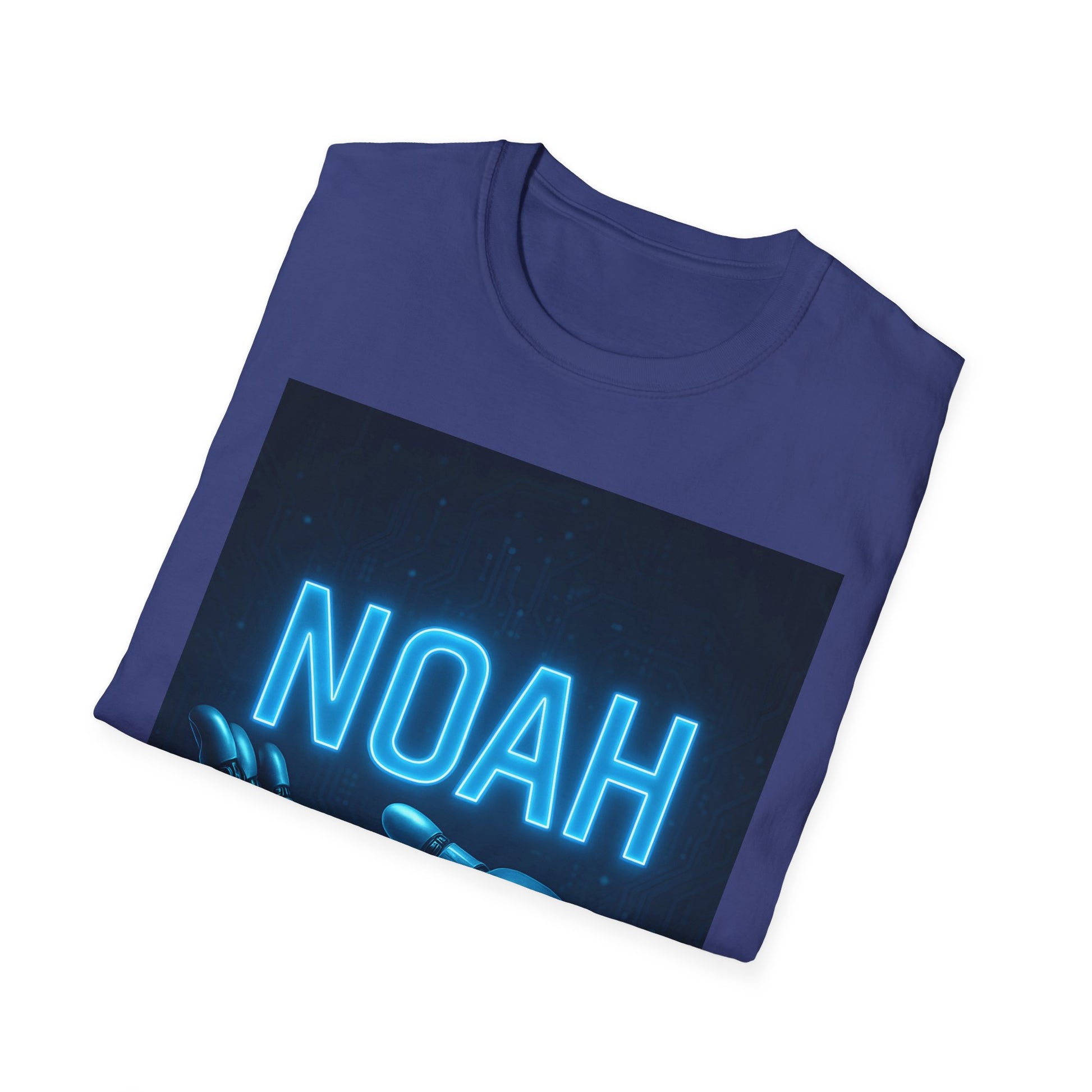 Purple folded T-shirt with a dark rectangular graphic showing blue neon 'NOAH' text and a blue-gloved hand at the bottom.