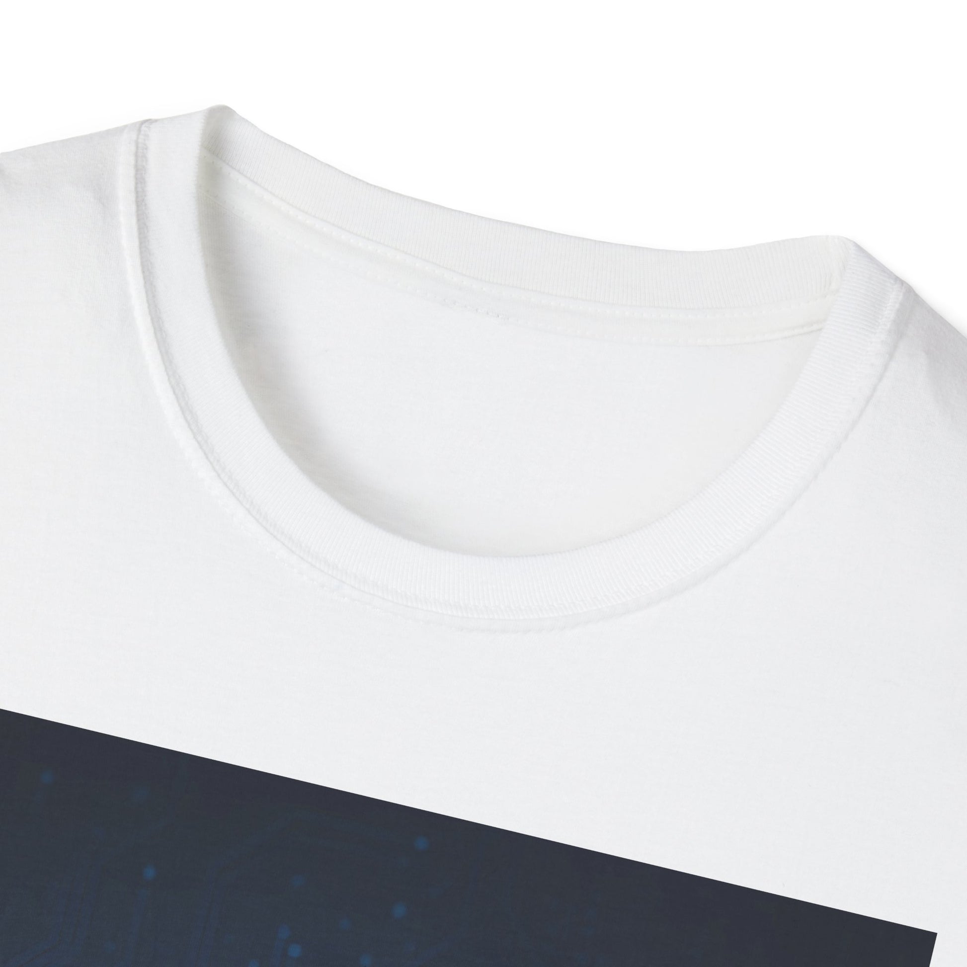 White crewneck T-shirt with a dark diagonal graphic featuring blue specks across the chest.