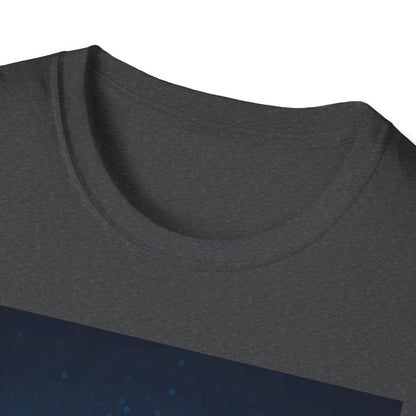 Close-up of dark gray heathered crew-neck t-shirt fabric, showing curved neckline.