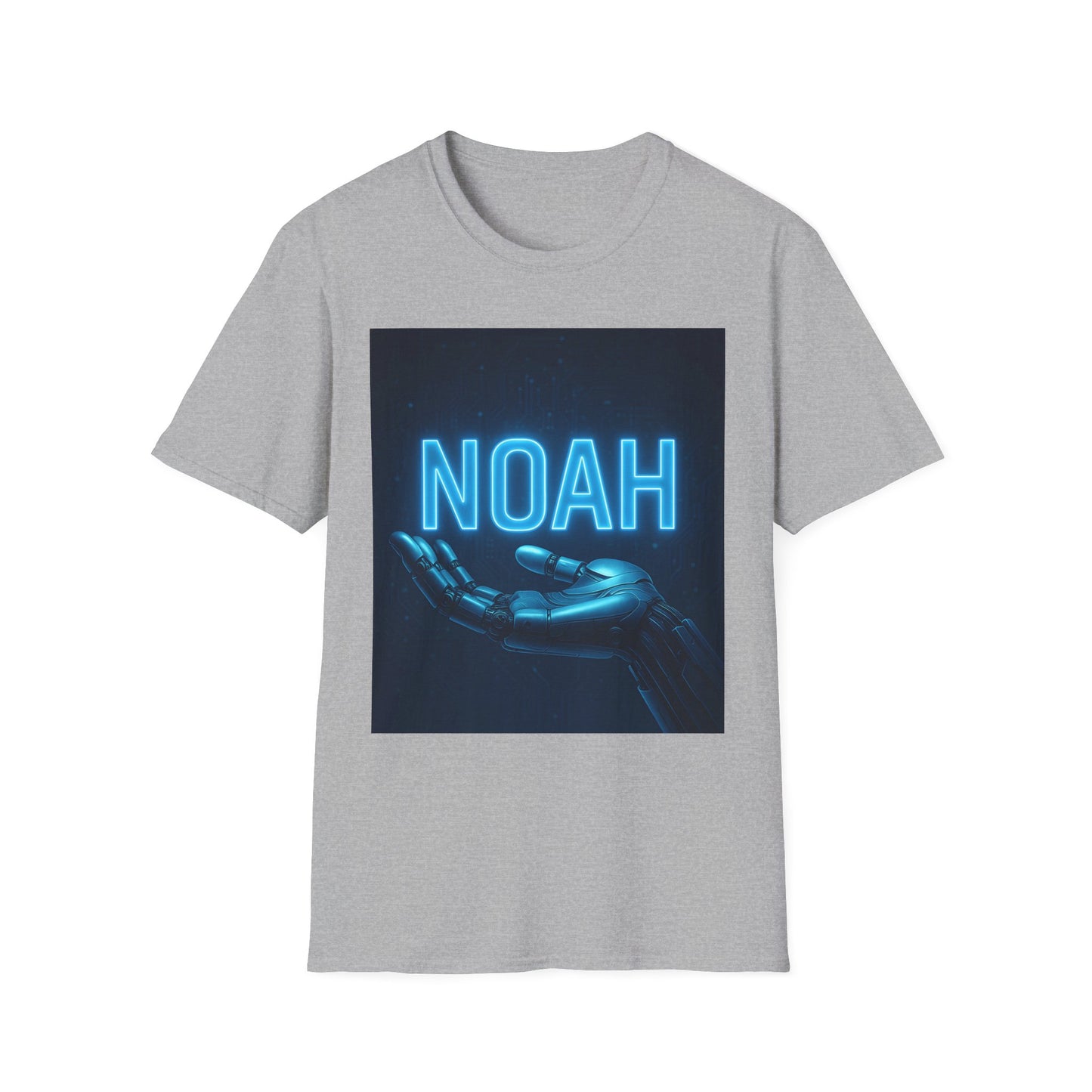 Gray T-shirt featuring a dark blue panel with a neon blue "NOAH" and a metallic robotic hand reaching outward.
