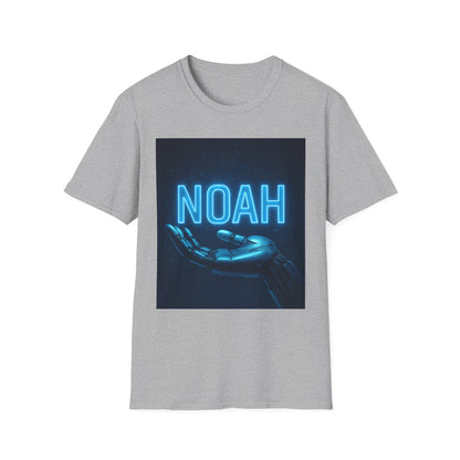 Gray T-shirt featuring a dark blue panel with a neon blue "NOAH" and a metallic robotic hand reaching outward.