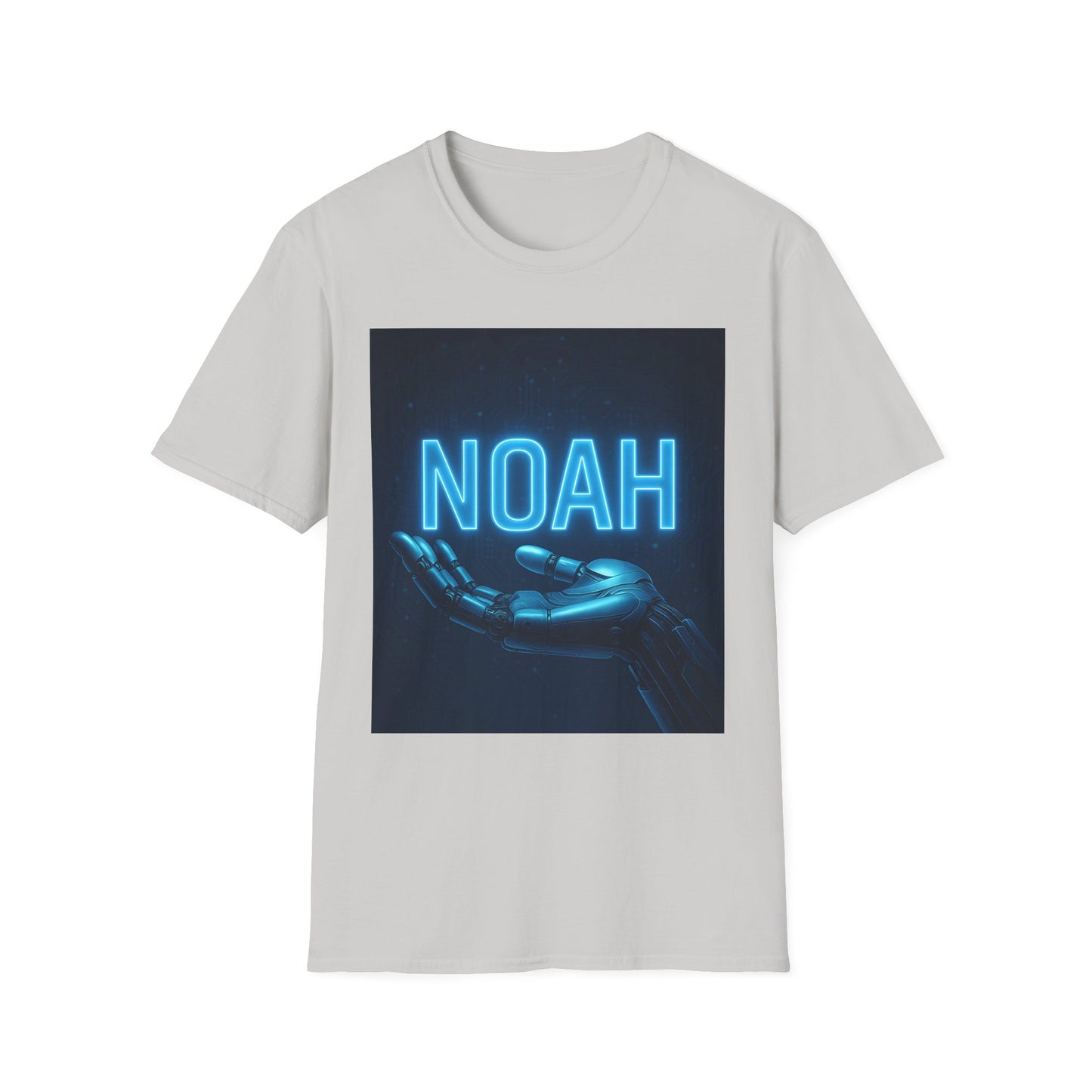Light gray T-shirt with a square graphic of blue neon text "NOAH" and a robotic hand reaching forward.