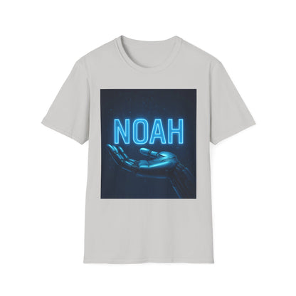 Light gray T-shirt with a square graphic of blue neon text "NOAH" and a robotic hand reaching forward.
