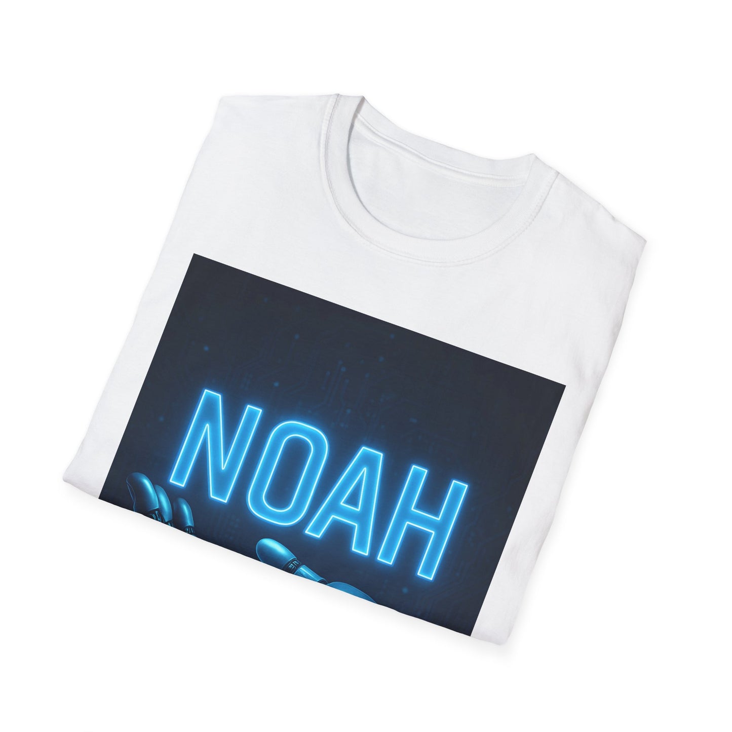 White crewneck t-shirt with a large dark blue rectangular graphic showing bright blue neon NOAH text.