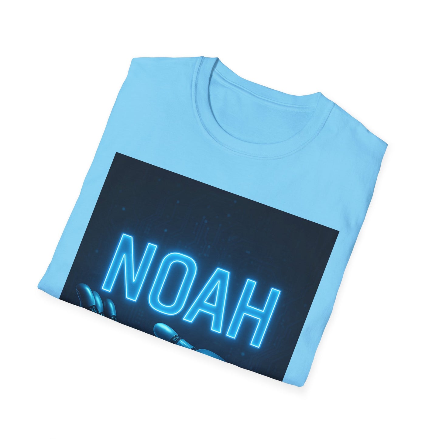 Light blue folded sweatshirt featuring a dark blue rectangle with glowing neon blue NOAH lettering.