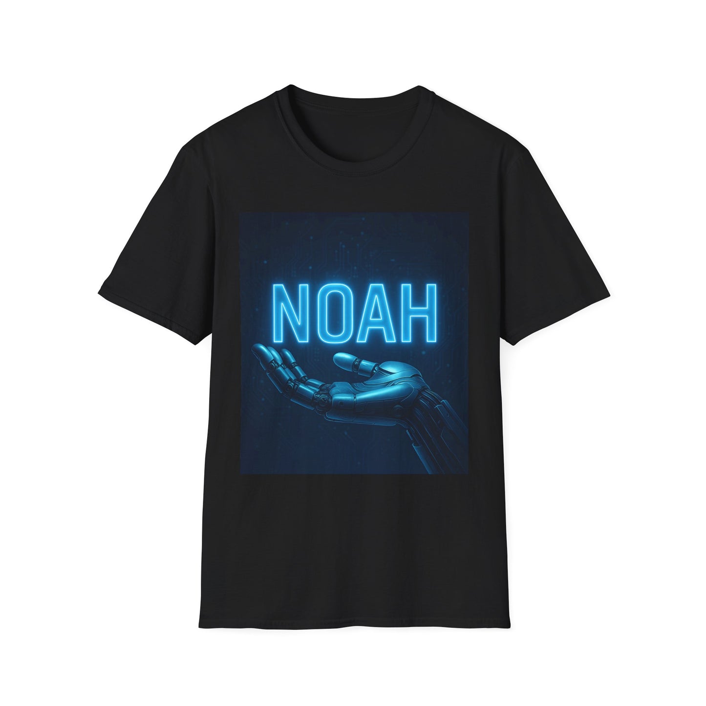 Black T-shirt with blue neon “NOAH” and a metallic robotic hand graphic on a dark square backdrop.