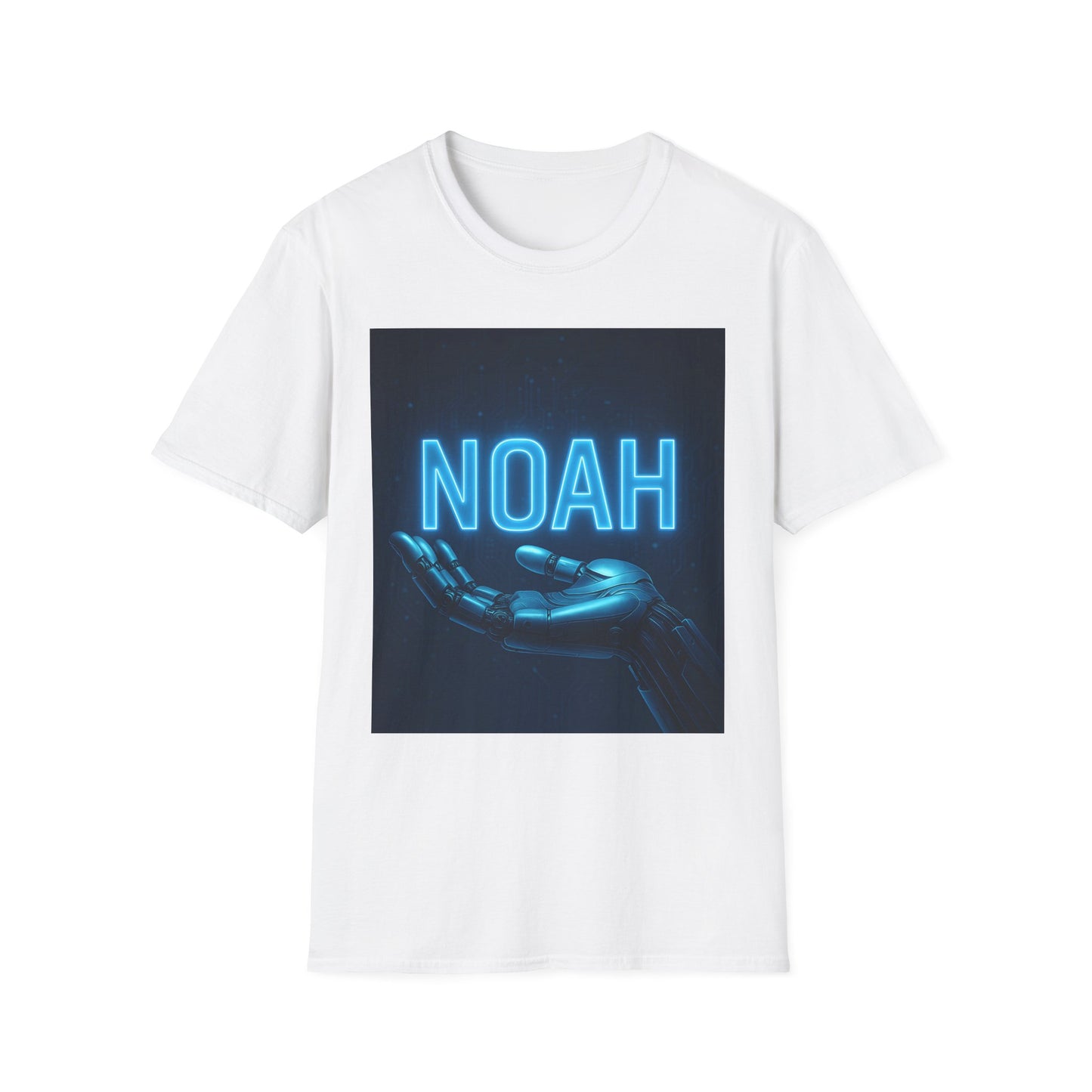 White t-shirt featuring a blue neon NOAH sign above a black robotic hand reaching upward.