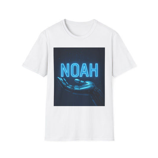 White t-shirt featuring a blue neon NOAH sign above a black robotic hand reaching upward.