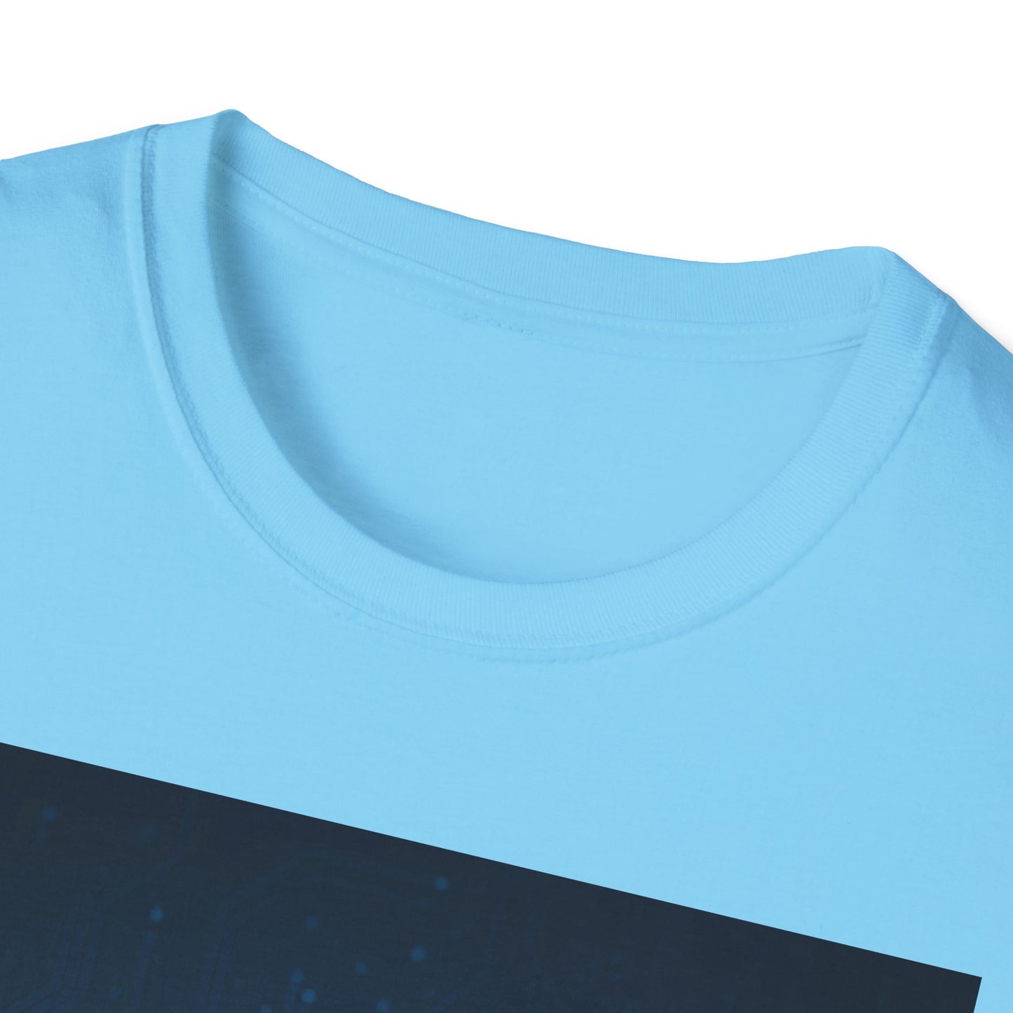 Light blue crewneck T-shirt with a dark blue diagonal graphic across the lower front.