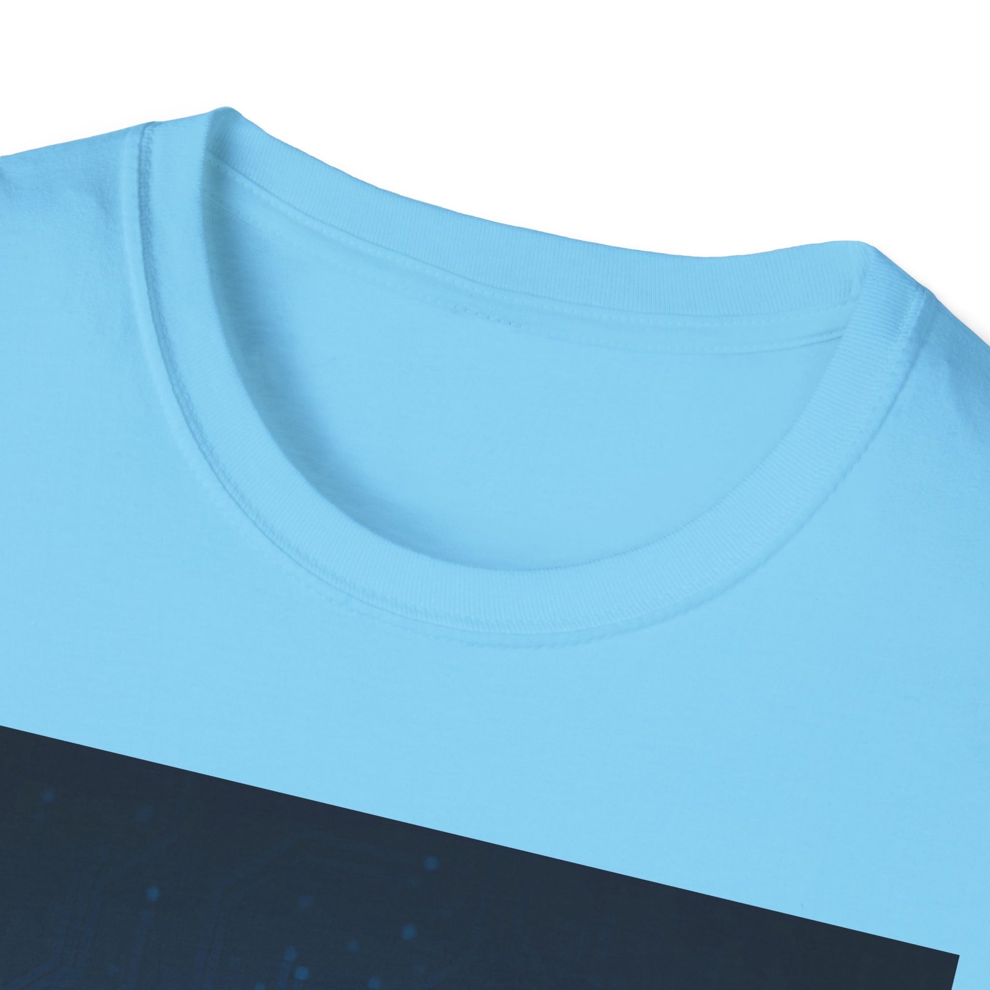 Light blue crewneck T-shirt with a dark blue diagonal graphic across the lower front.
