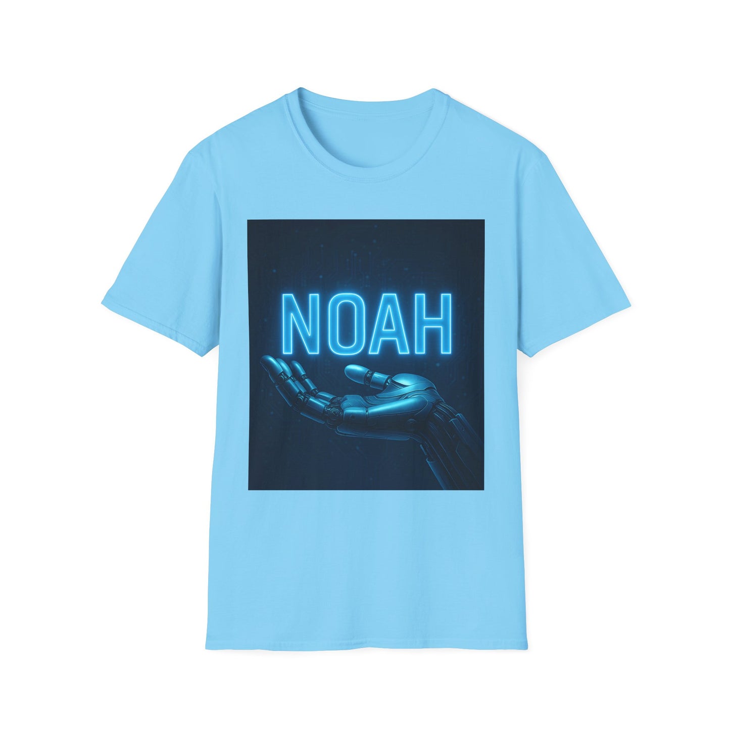 Light blue T-shirt featuring a dark blue rectangle with neon blue “NOAH” text and a robotic hand illustration.