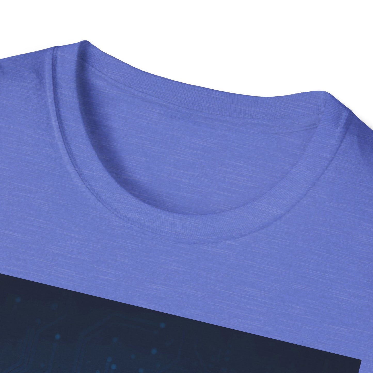 Close-up of a blue crew-neck T-shirt showing the knit fabric and rounded neckline.