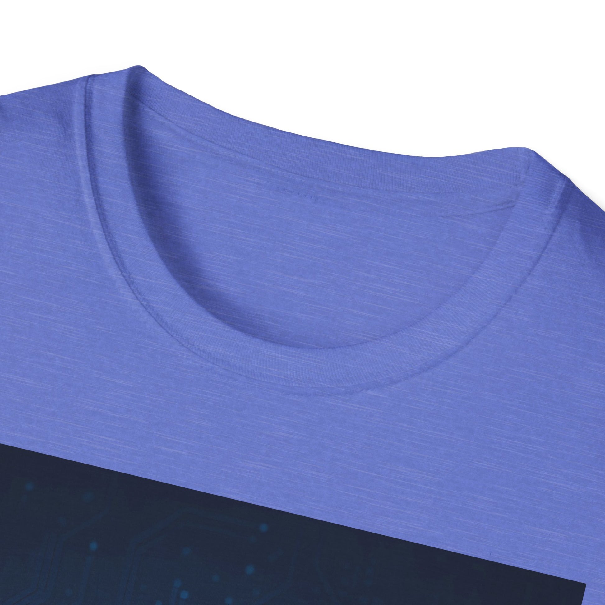 Close-up of a blue crew-neck T-shirt showing the knit fabric and rounded neckline.