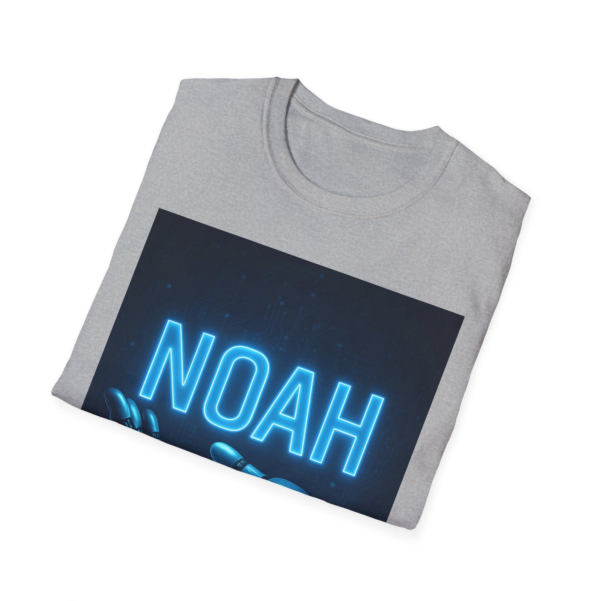 Light gray crewneck T-shirt folded flat with a dark blue rectangular graphic showing glowing blue 'NOAH' letters.