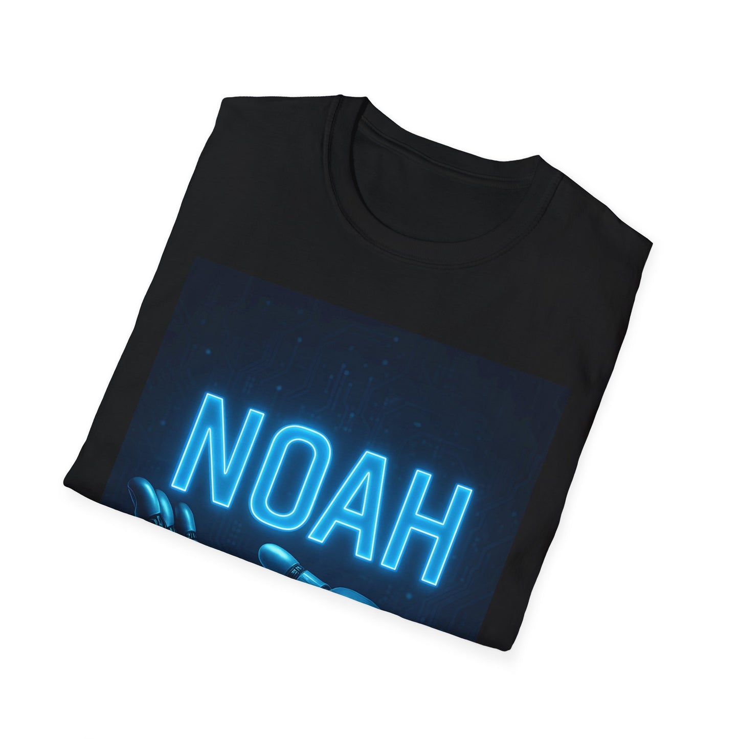 Black T-shirt with a rectangular blue neon NOAH graphic featuring circuit pattern and blue robotic hands.
