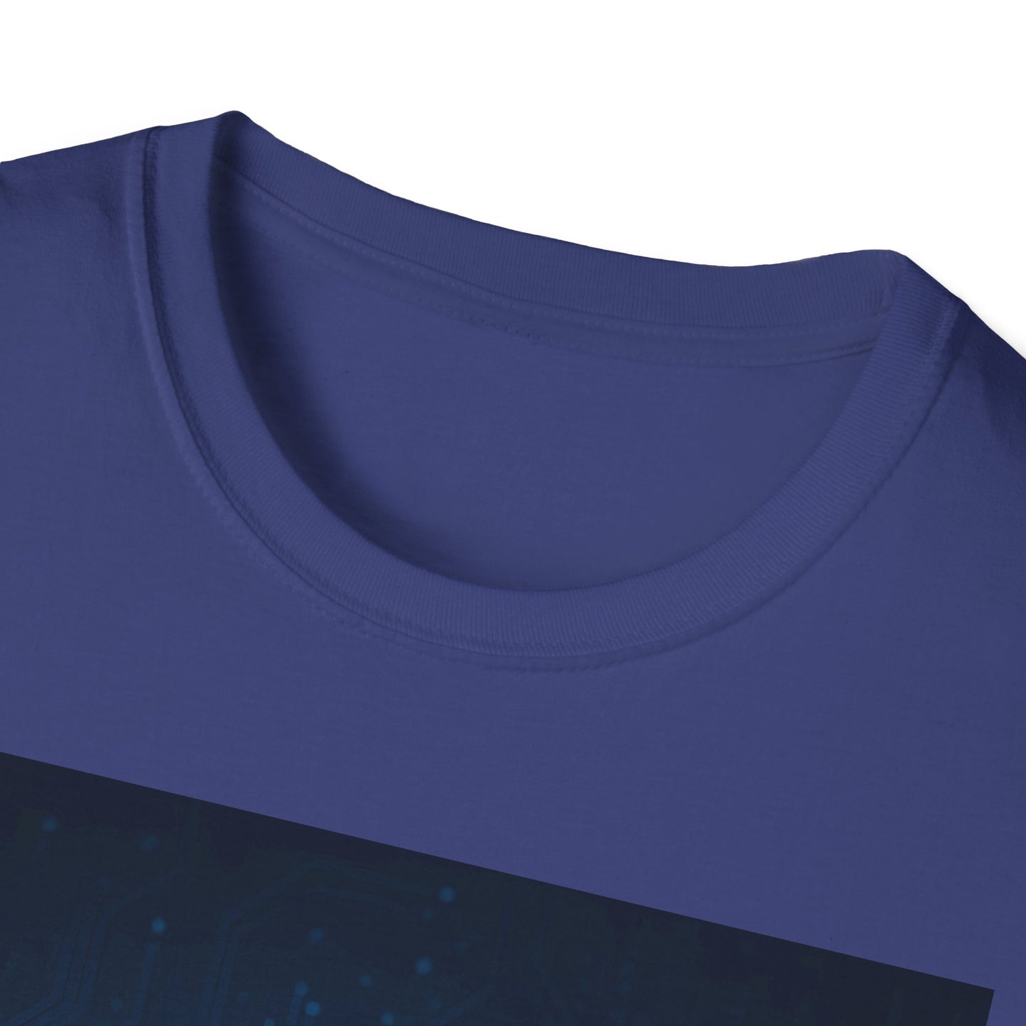 Close-up of a blue crew-neck T-shirt collar with visible stitching.