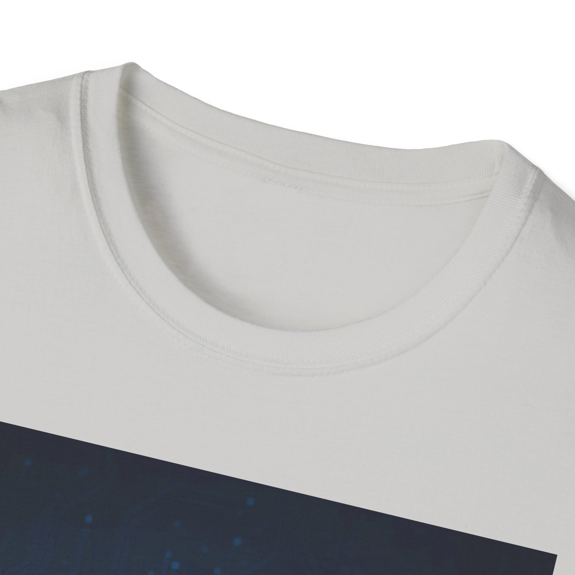 Close-up of a white crewneck T-shirt with a dark blue diagonal graphic across the chest.