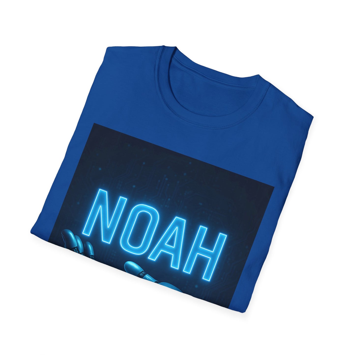Blue t-shirt featuring a dark rectangular graphic with glowing neon-blue "NOAH" text and a circuit pattern.