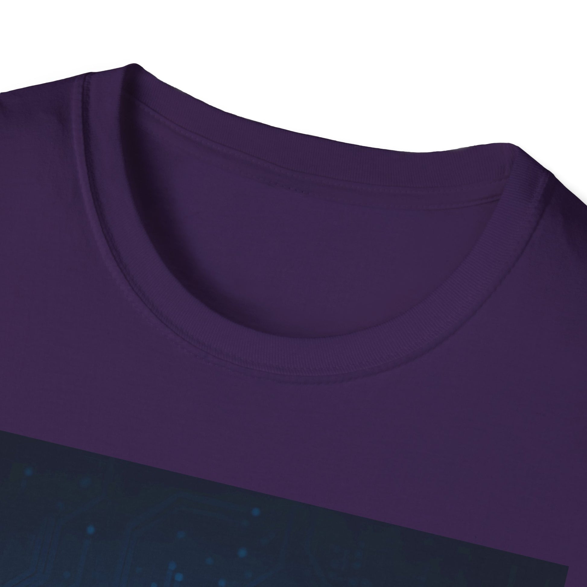 Close-up of a purple crew-neck t-shirt neckline with visible stitching along the collar.