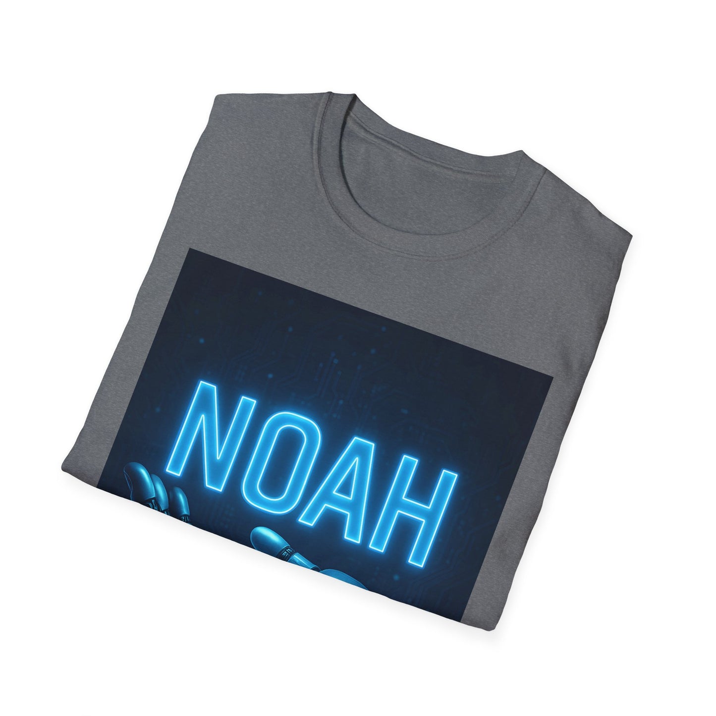 Grey heather crewneck T-shirt folded, showing a dark blue panel with bright neon blue "NOAH" text and partial robotic hand motif.