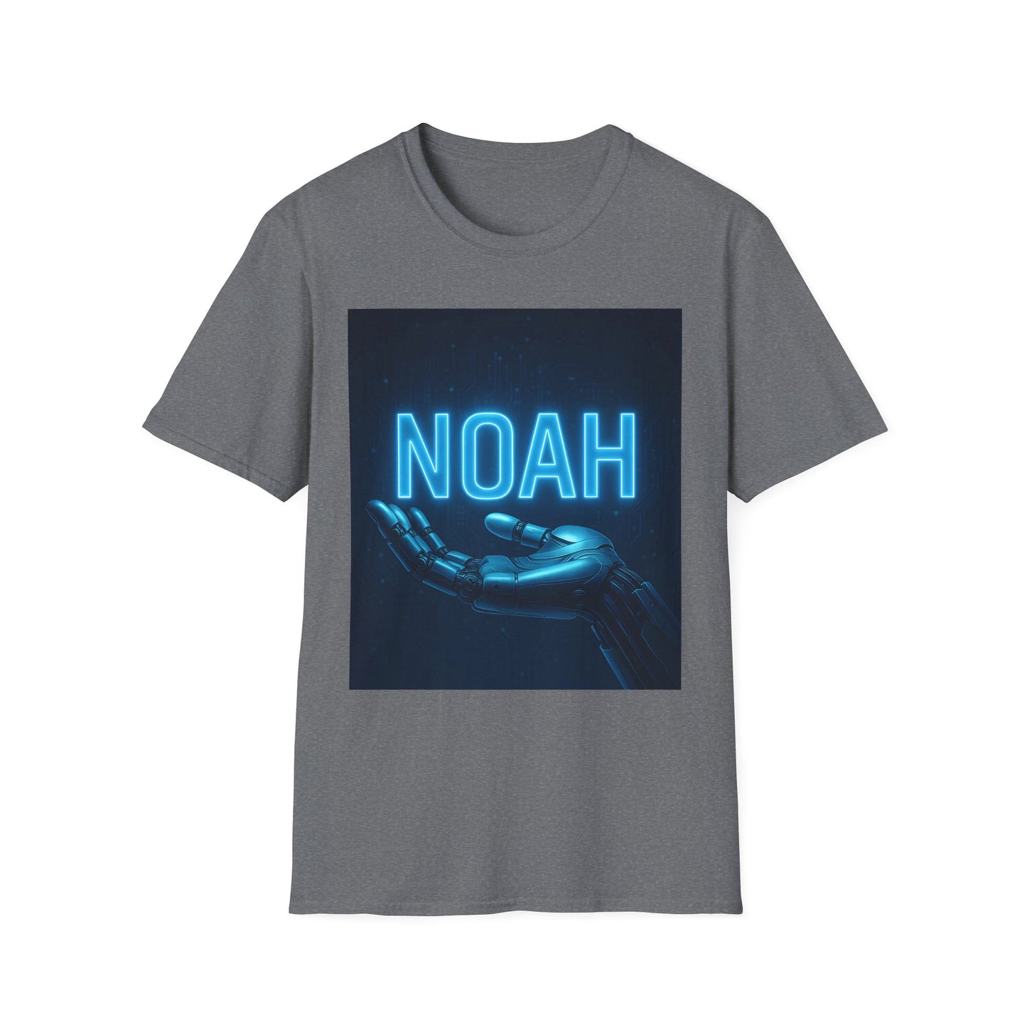 Gray short-sleeve T-shirt featuring a dark square graphic with blue neon “NOAH” and a robotic hand.