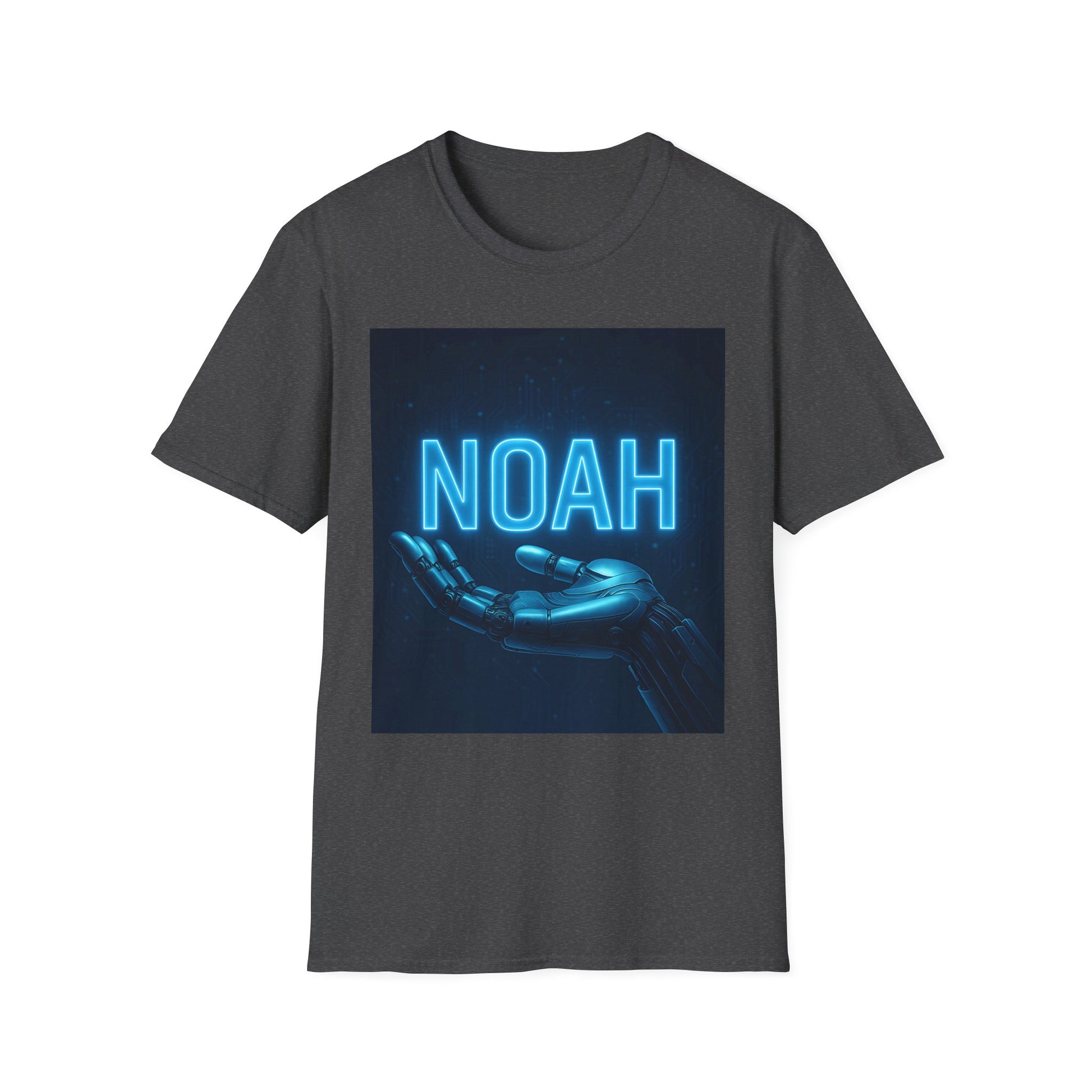 Dark charcoal T-shirt with a neon blue NOAH text and a blue robotic hand reaching from the bottom.