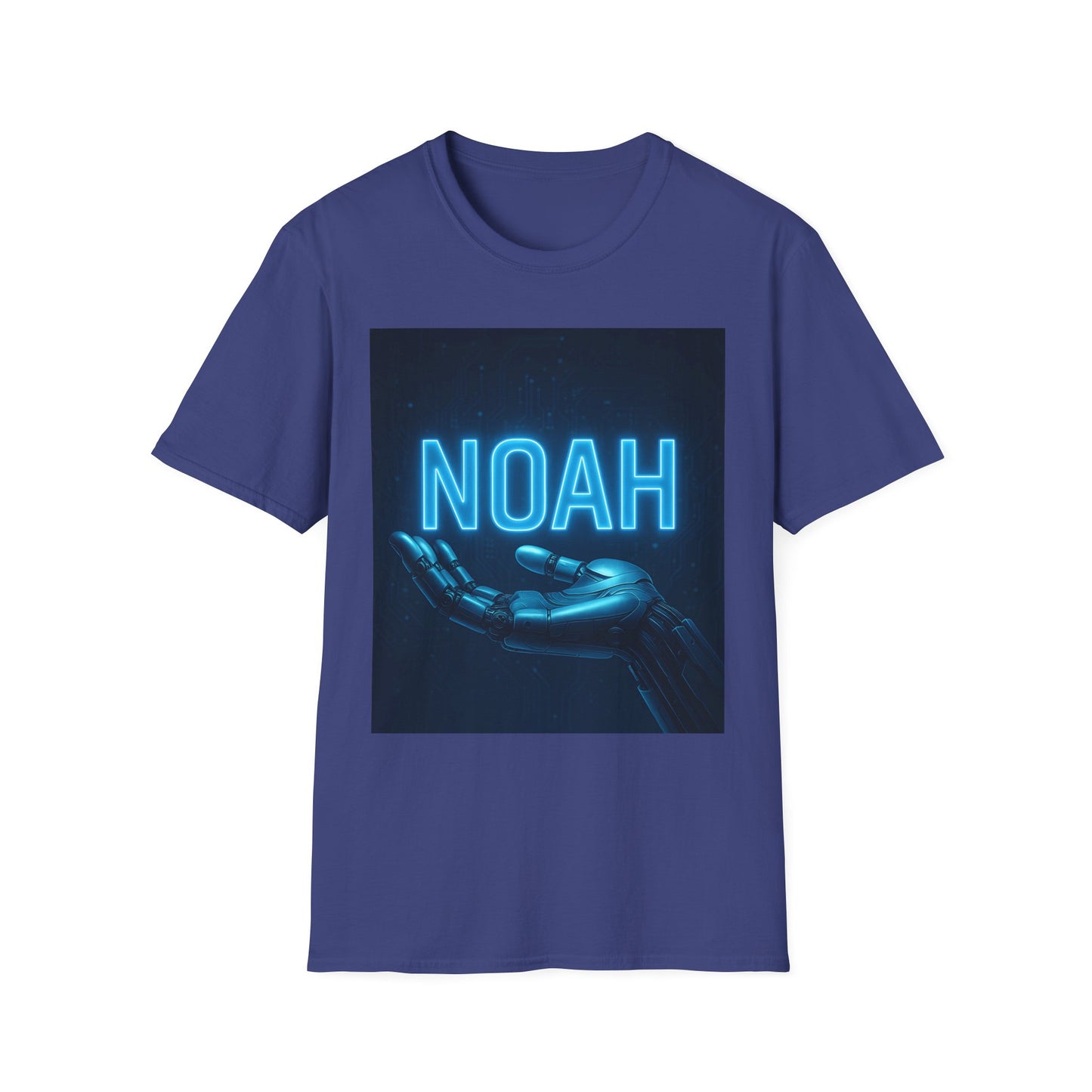 Blue T-shirt with neon blue "NOAH" text and a metallic robotic hand against a dark circuit background.
