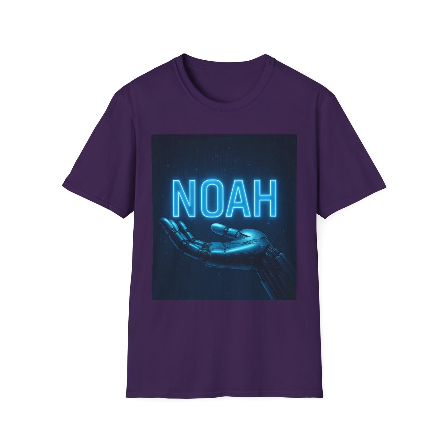 Purple T-shirt with a dark square graphic featuring blue neon "NOAH" text and a robotic hand.