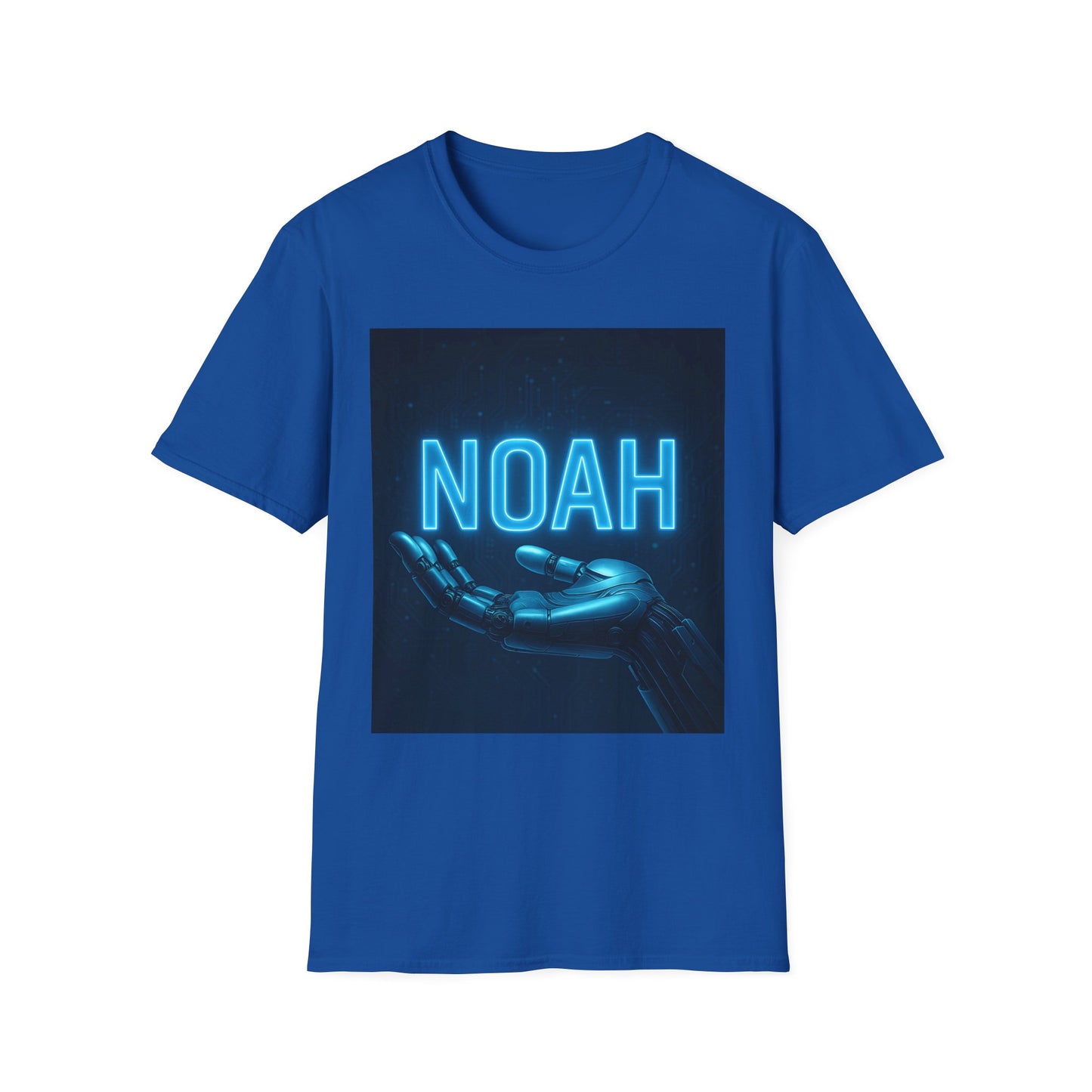 Blue T-shirt featuring a dark square graphic with a glowing blue 'NOAH' neon text and a robotic hand extending.