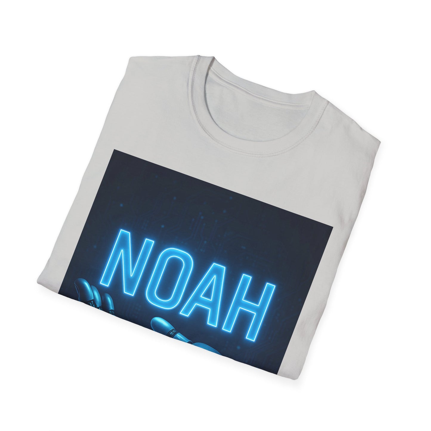 White folded t-shirt with a dark blue rectangle graphic showing a blue neon "NOAH" text.