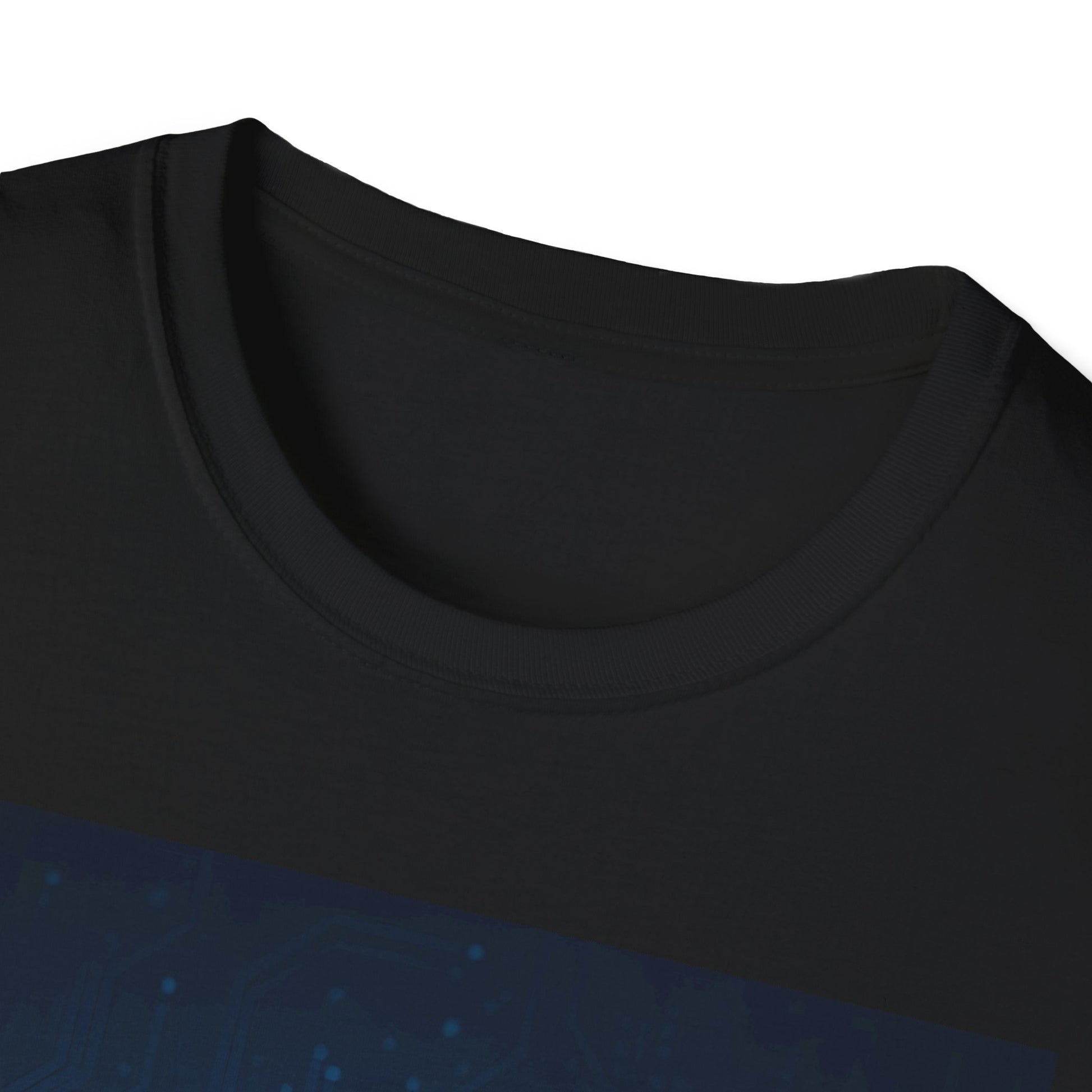 Close-up of a black crew-neck t-shirt with a blue circuit-pattern graphic across the chest.
